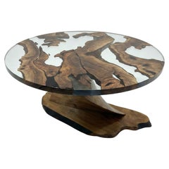 Tywin Round Dining Table: Swirl Walnut Wood, Crystal Clear Resin Epoxy
