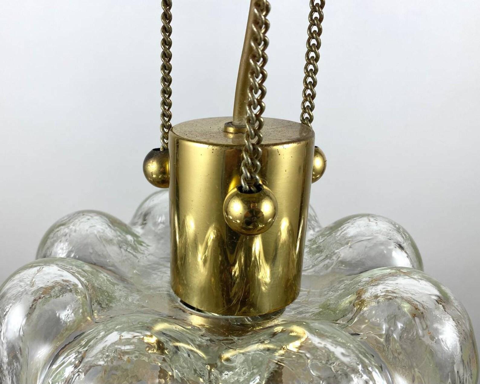 TZ LEUCHTEN Ceiling Lamp, 1970s  Textured Glass Shade & Brass Light, Germany For Sale 1