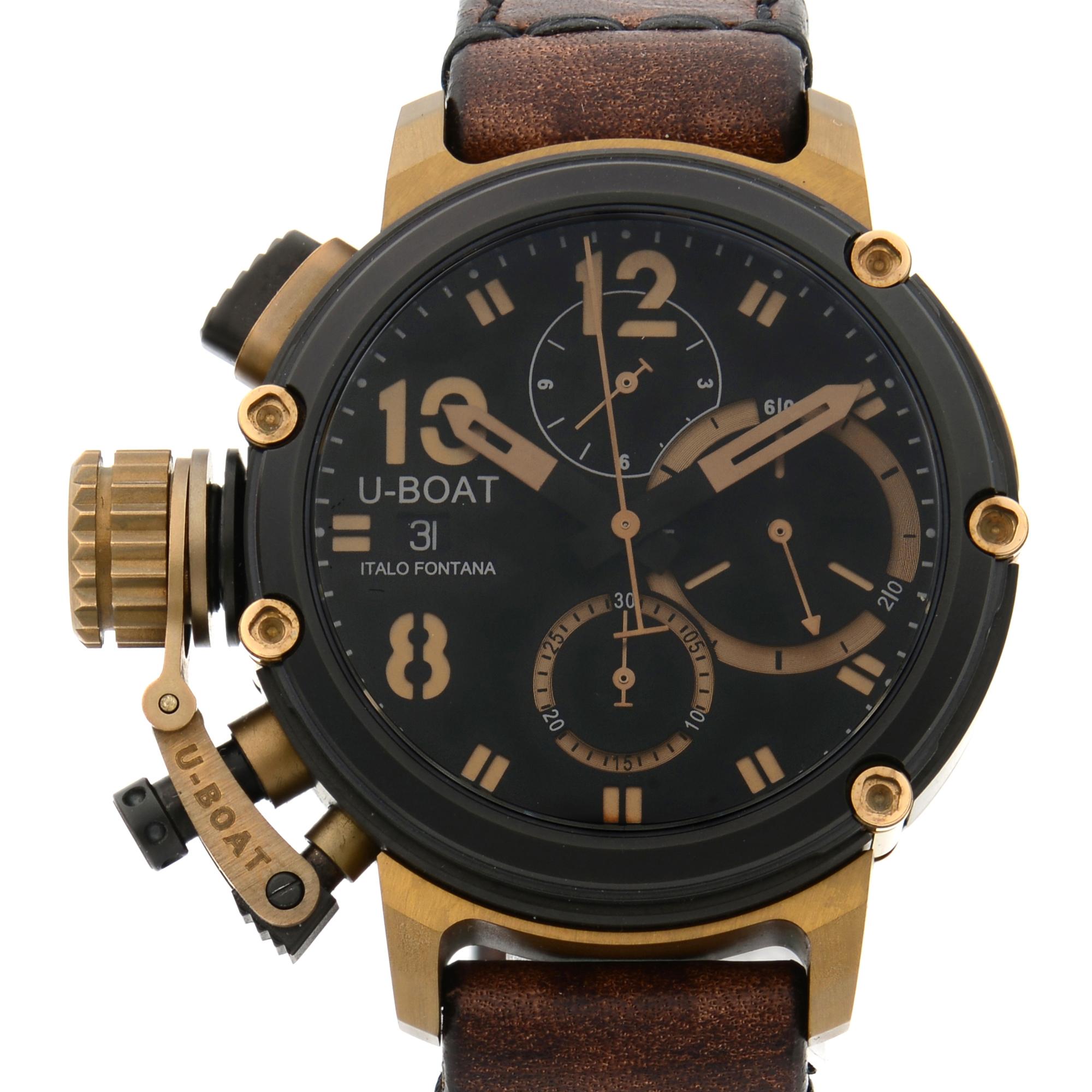 This display model U-Boat Chimera  B&B 8015 is a beautiful men's timepiece that is powered by a mechanical (automatic) movement which is cased in a stainless steel case. It has a round shape face, chronograph, chronograph hand, date indicator, small