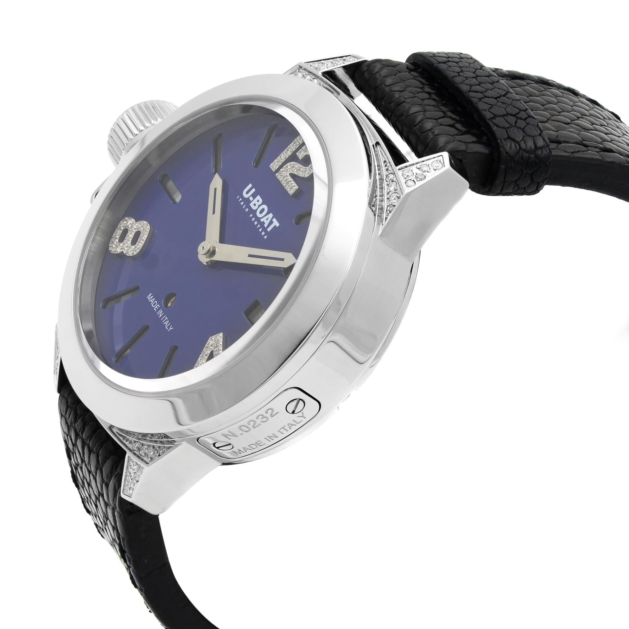 U-Boat Classico Stahl Diamant 0,23 Karat Blaues Zifferblatt Automatik-Damenuhr 7077 Herren