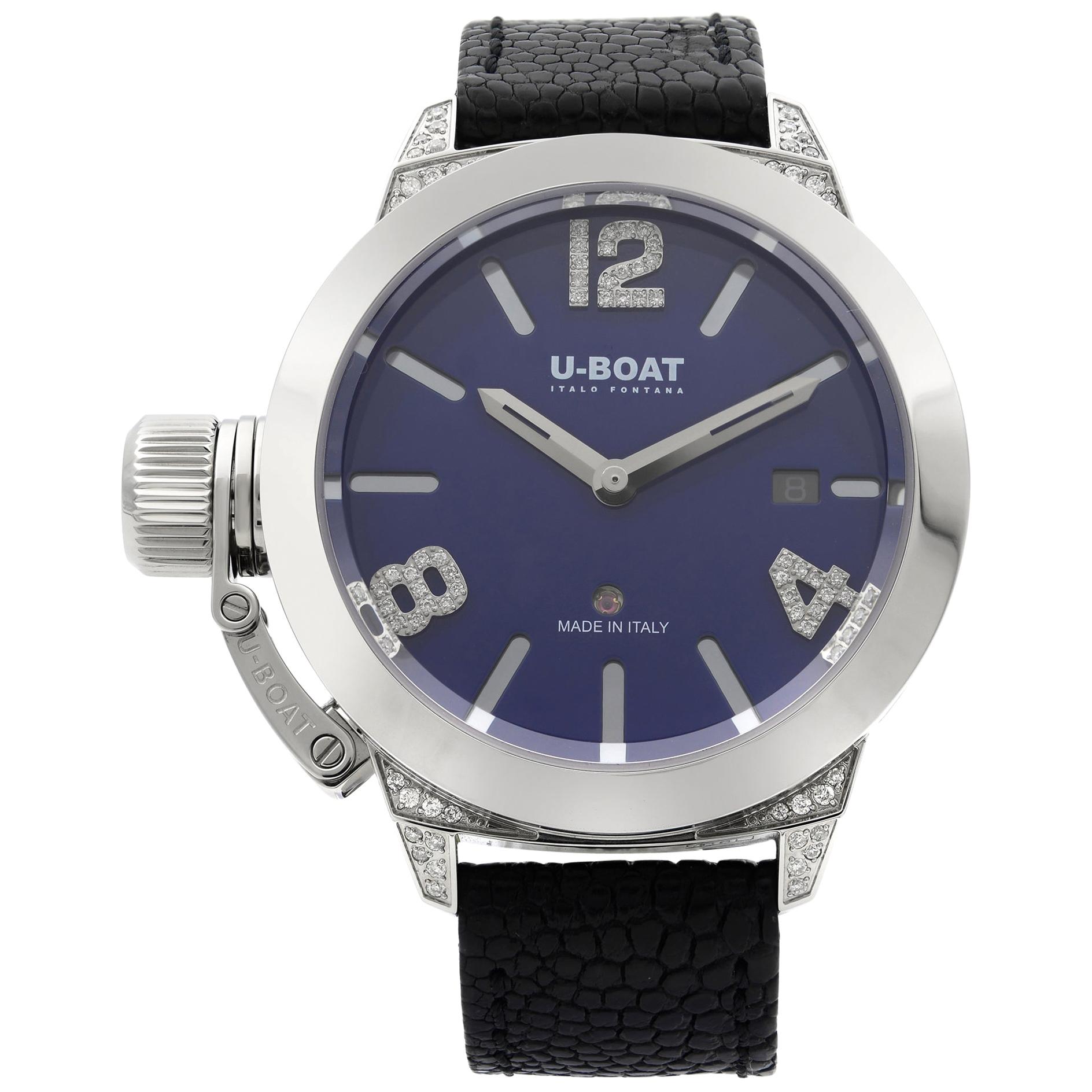 U-Boat Classico Steel Diamond 0.23 Carat Blue Dial Automatic Ladies Watch 7077 For Sale
