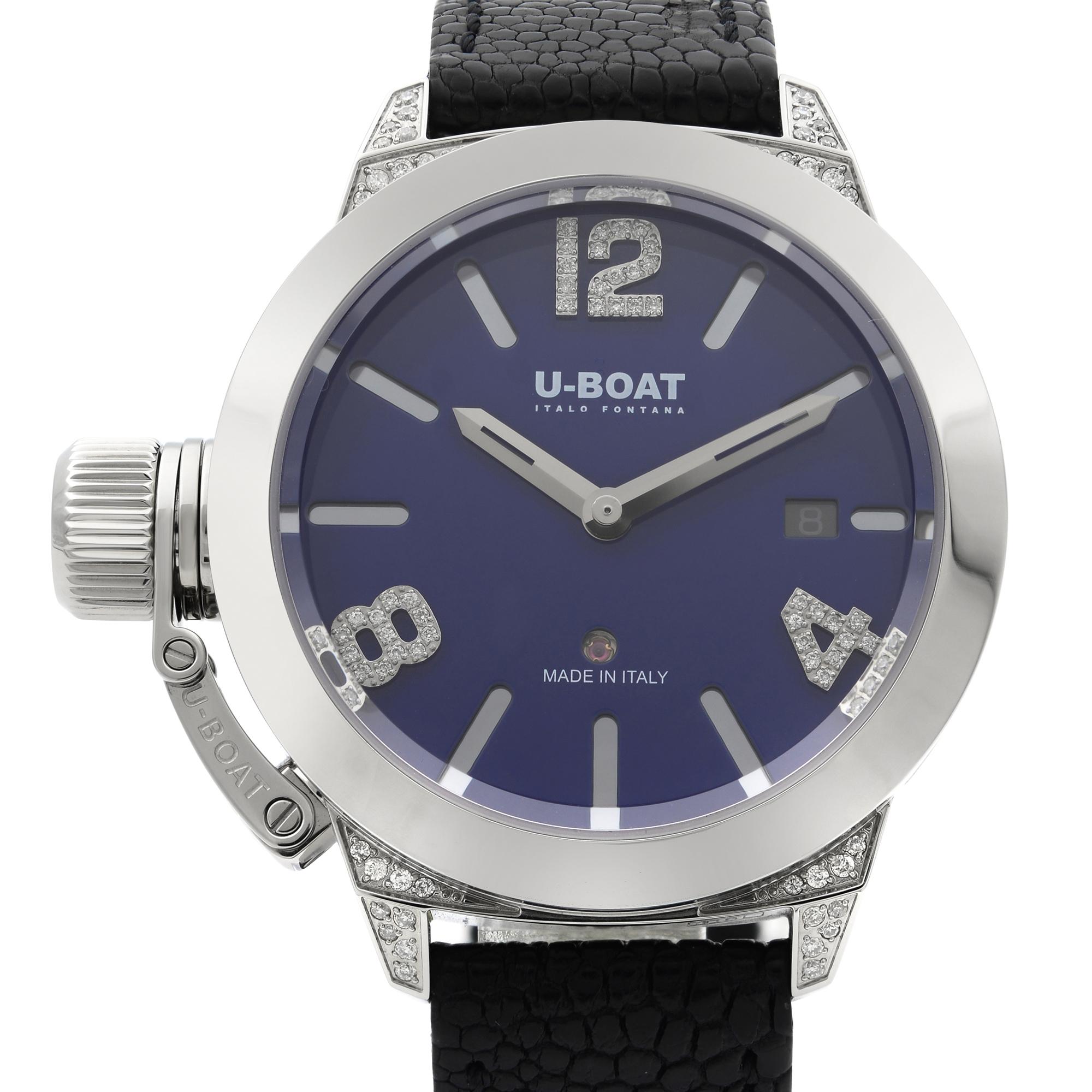 This never been worn U-Boat Classico 7077 is a beautiful men's timepiece that is powered by mechanical (automatic) movement which is cased in a stainless steel case. It has a round shape face, date indicator, diamond dial and has sticks and arabic