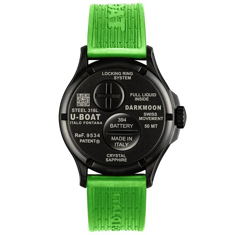 U-Boat Darkmoon 44mm Black Dial Green PVD Silicone Strap Men's Watch 9534

“Oil Immersion” concept in 44mm size. Wider 3D effect. Black PVD-treated steel case, black dial, and numerals, indexes and hands treated in green luminova.

Movement: the