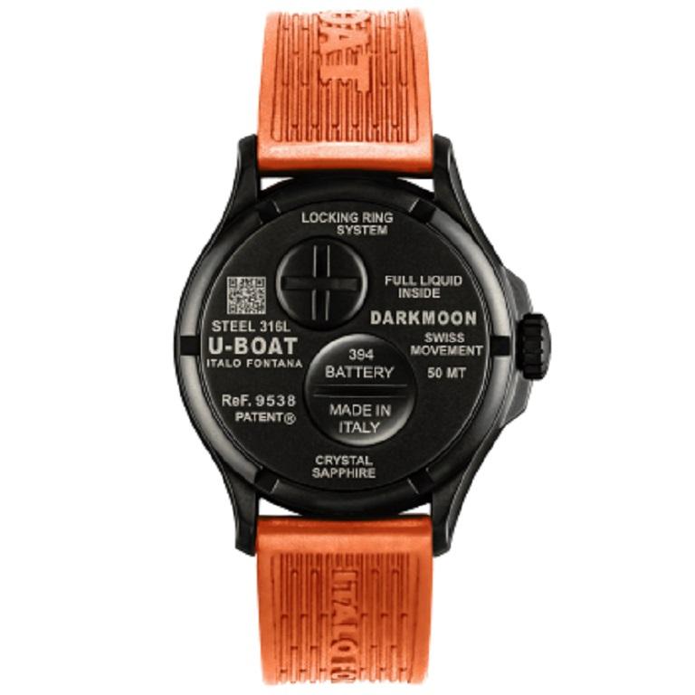 U-Boat Darkmoon 44mm Black Dial Orange PVD Silicone Strap Men's Watch 9538

44mm size with a new curved dial, under the domed sapphire glass, further emphasizing the 3D effect. Electromechanical movement completely immersed in an oil bath. Black