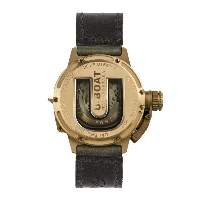Crown release system (patented) at 8 o’clock for easy time and date setting.
MOVEMENT:
automatic mechanical, personalized to U-BOAT specifications for stem to be positioned at 9 o’clock. Aiguillage adjusted H3. Skeletonized rotor.
Frequency: 28,800