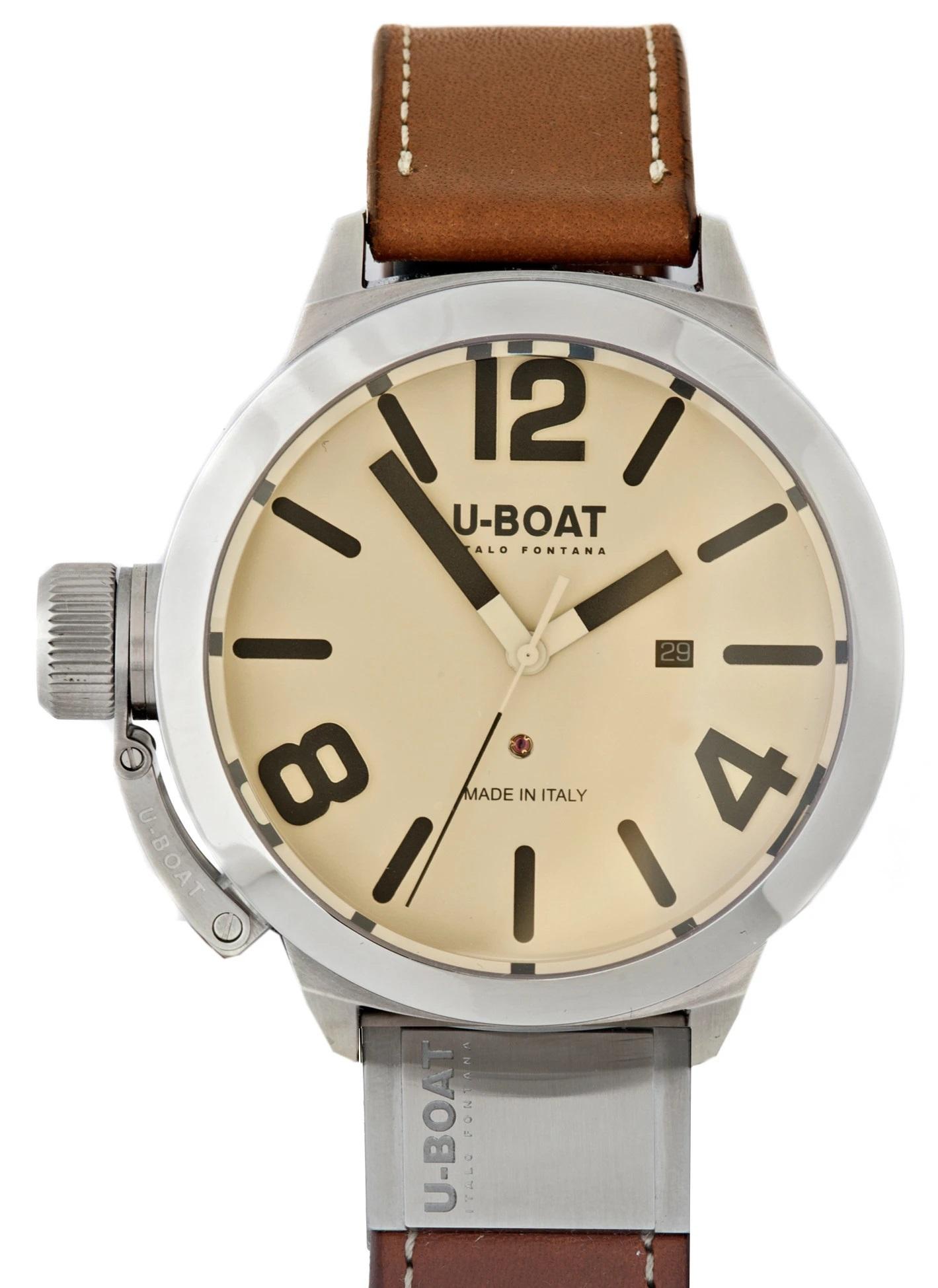 U-BOATClassico Tungsteno Automatic Beige Dial Men's Watch 8091
Silver-tone stainless steel case with a brown leather strap. Fixed silver-tone tungsten bezel. Beige dial with black hands and Arabic numeral and index hour markers. Dial Type: Analog.