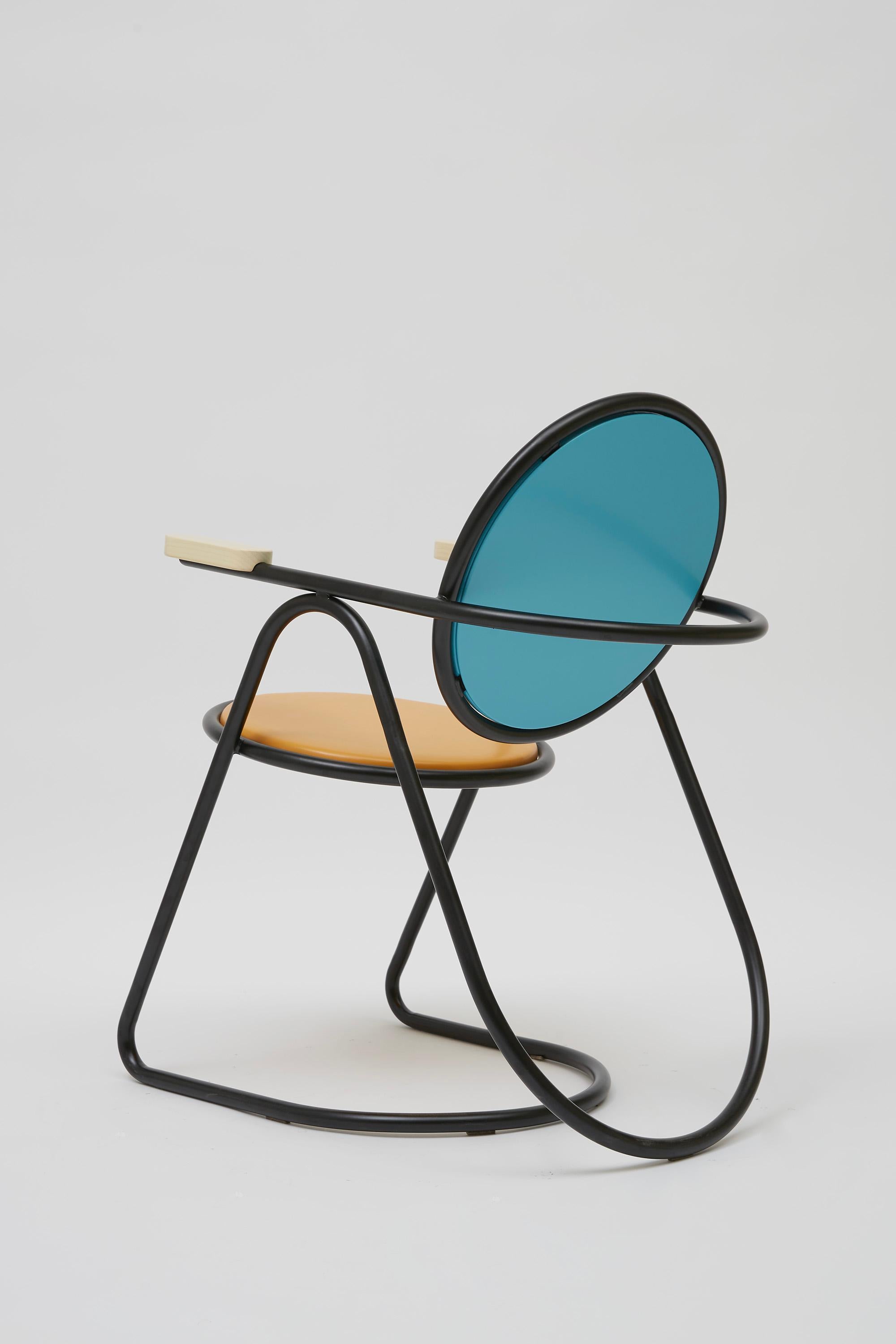 Powder-Coated U-Disk Easy Chair, Black, Orange & Light Blue For Sale