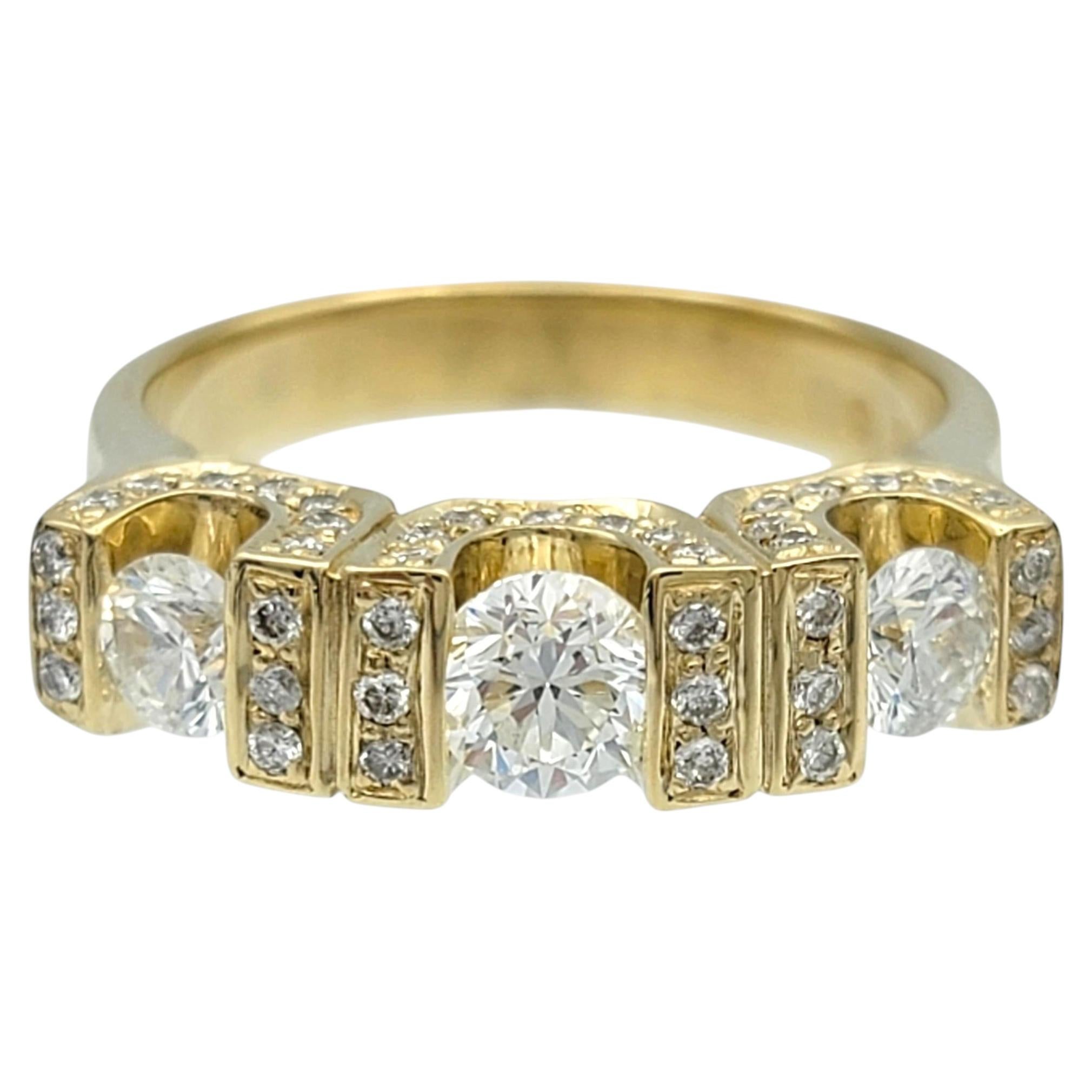 U-Prong Three Stone and Pavé Diamond Band Ring in 14 Karat Yellow Gold
