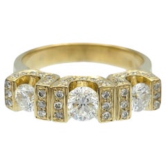 U-Prong Three Stone and Pavé Diamond Band Ring in 14 Karat Yellow Gold