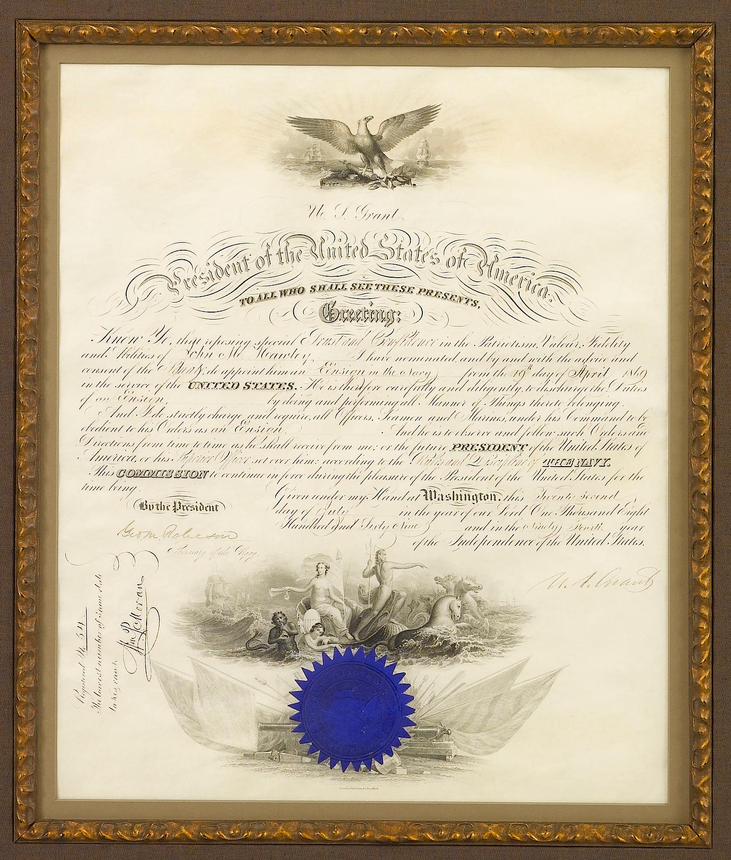 This is an authentic Presidential Appointment, signed by U.S. Grant as President on July 22, 1869. The document is a partially printed official document appointing John W. Hawley as Ensign in the Navy. The appointment is countersigned by Secretary