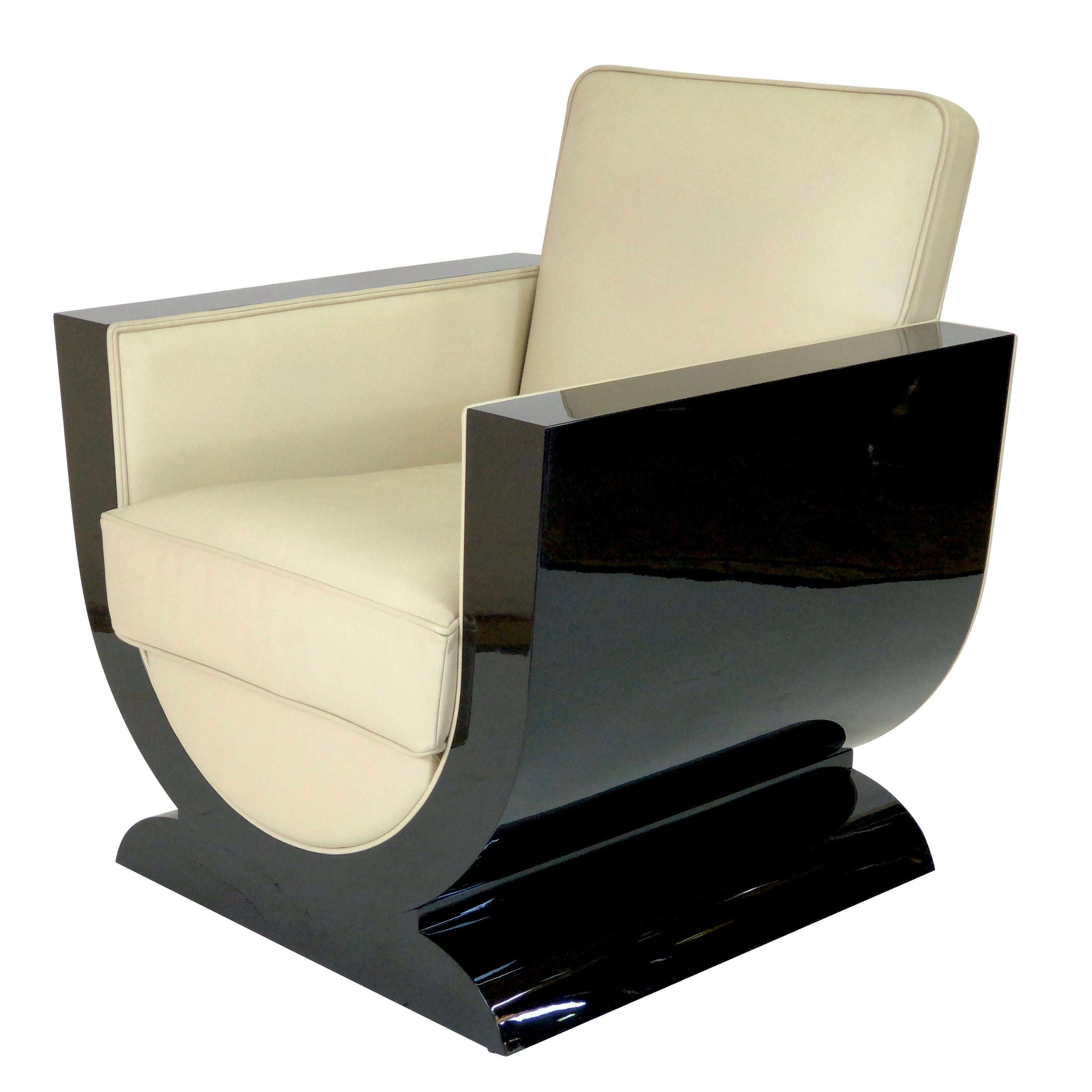 Beige Leather on Black Lacquered Wood.

Typical French Art Deco Shape.
Elegant and timeless design.

High Quality!
Handmade in Germany. 
Different upholstery, leather colors, woods, lacquer colors or surface finishes on request. 

The