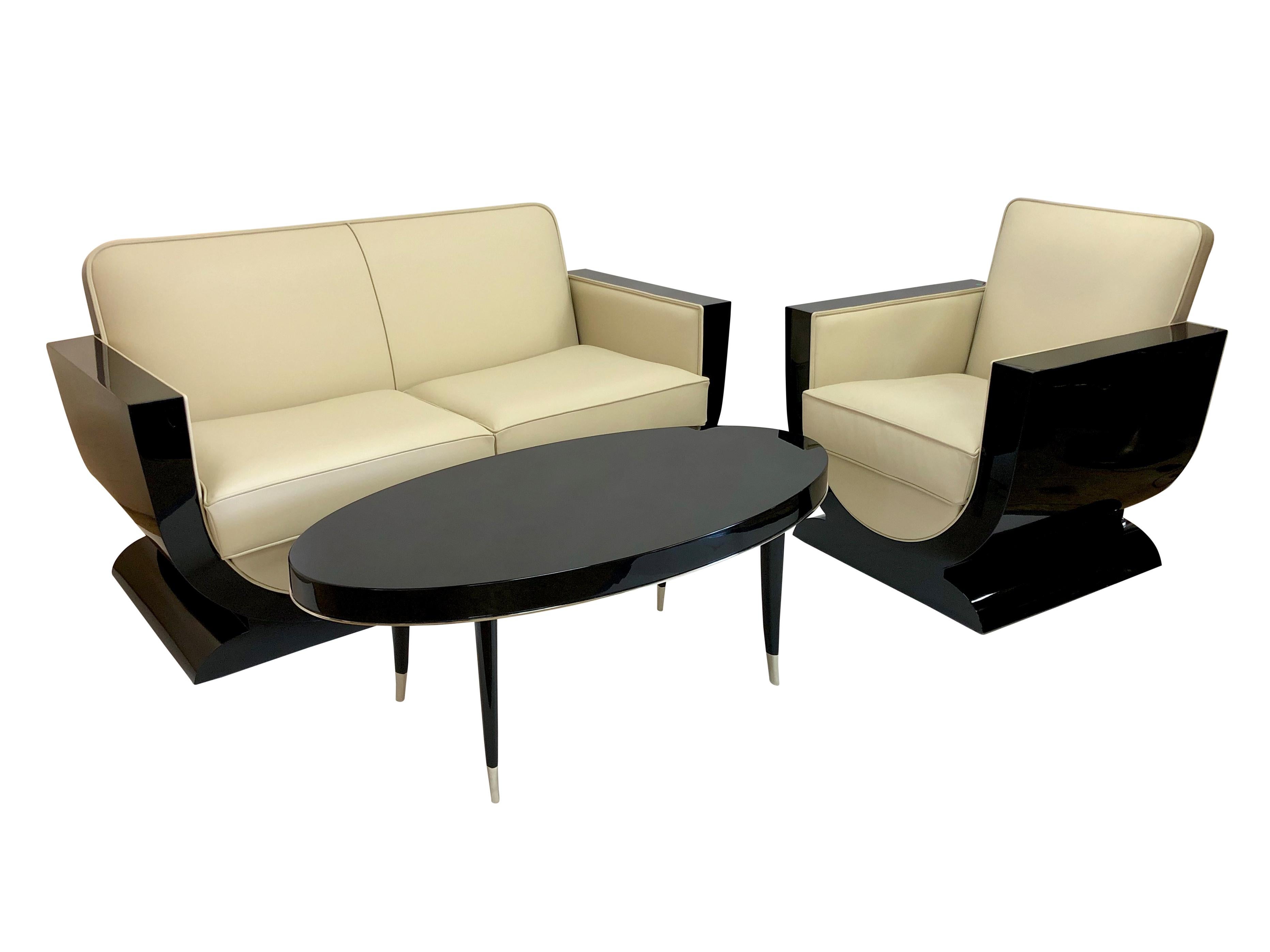 XXIe siècle et contemporain Canapé en U noir et blanc de style Art Déco avec laque piano noire en vente