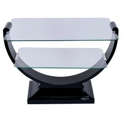 U-Shaped French 1930s Art Deco Side Table in Black Lacquered Wood and Glass