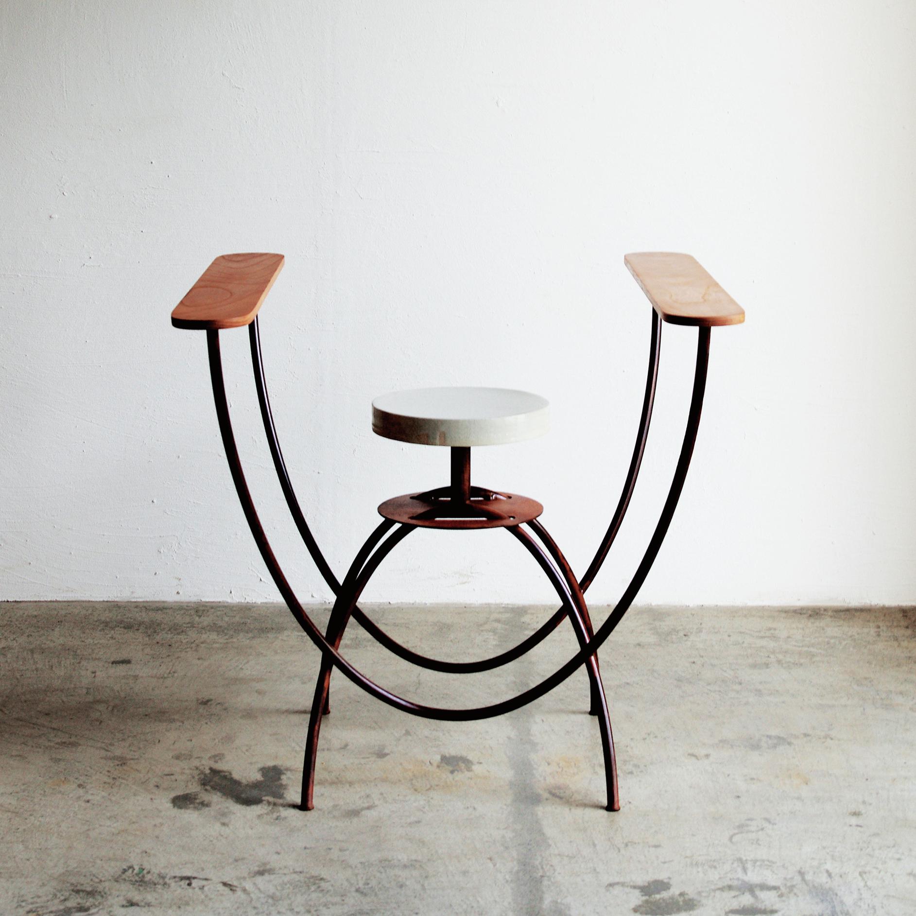 Contemporary Japanese style chair. Rather sculpture than chair. Made of rusted steel, ceramic, and wood. Base is steel. Seat is ceramic. Arm panels are made of wood.
  