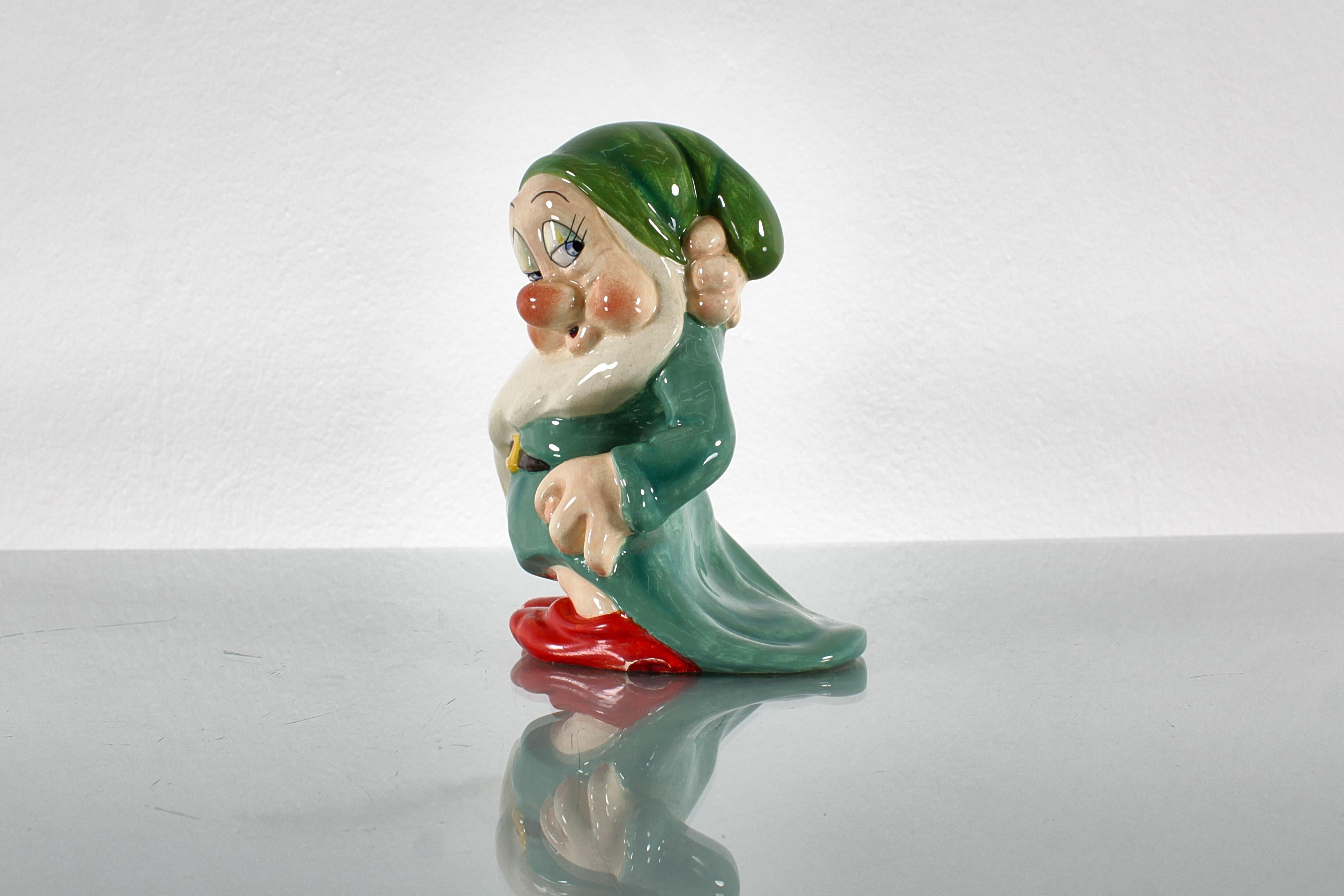 Mid-20th Century U. Zaccagnini for Walt Disney Sleepy Glazed Ceramic Sculpture 1940s Italy For Sale