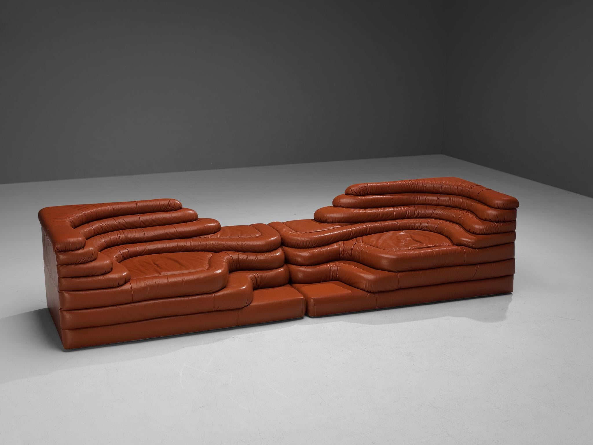 Ubald Klug for De Sede, pair of DS-1025 'Terrazza' landscape sofa elements, in red leather, Switzerland, 1970s. 

Waterfall shaped sofas in cognac leather by the Swiss manufacturer De Sede. The design for this sofa was inspired by mountains and