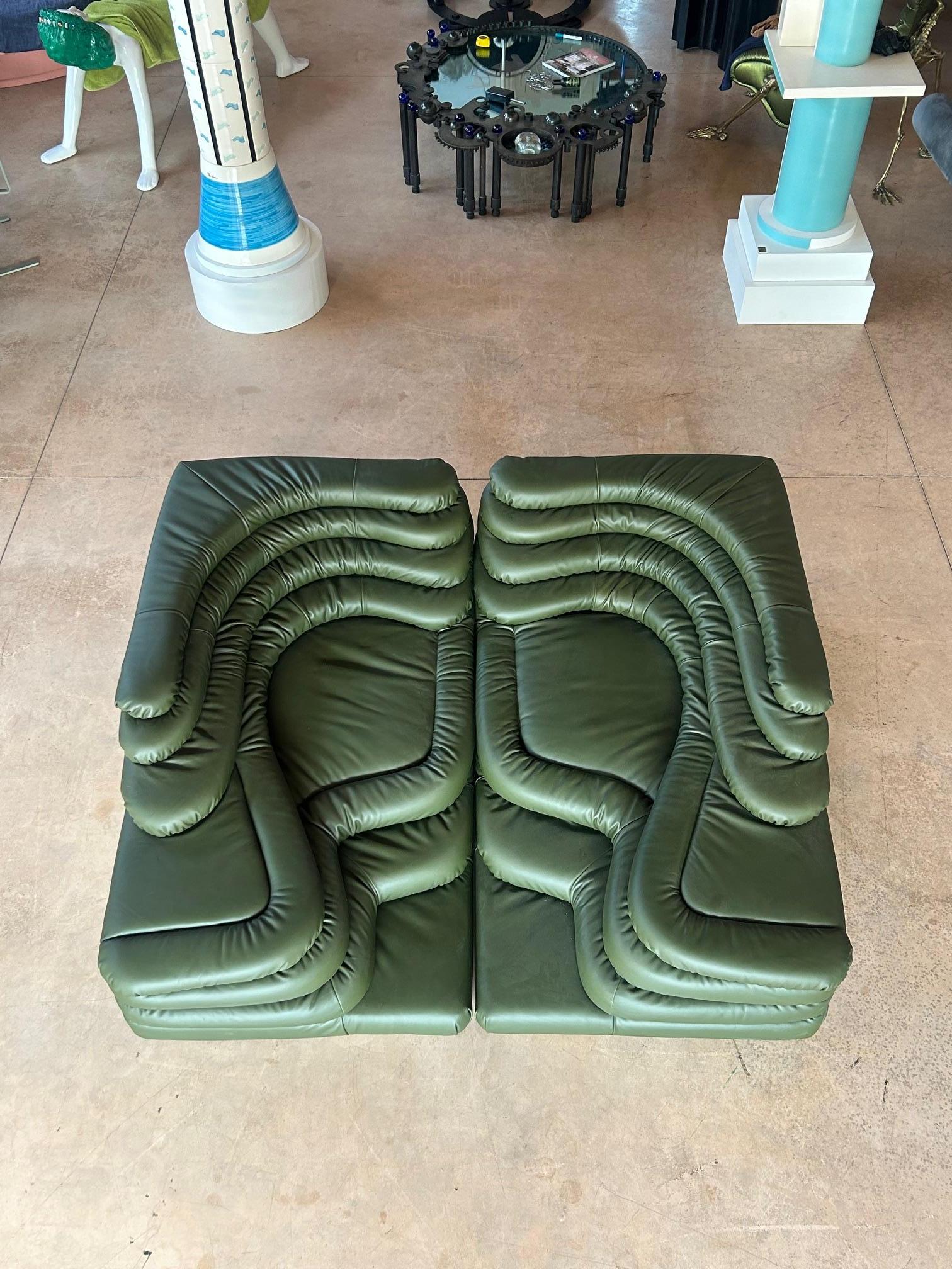 Una coppia di divani DS-125 Terrazza in pelle verde disegnati da Ubald Klug per De Sede negli anni Settanta. Le forme ispirate alla natura di questo divano, unite alla grande qualità costruttiva, lo rendono una vera e propria opera d'arte. 

