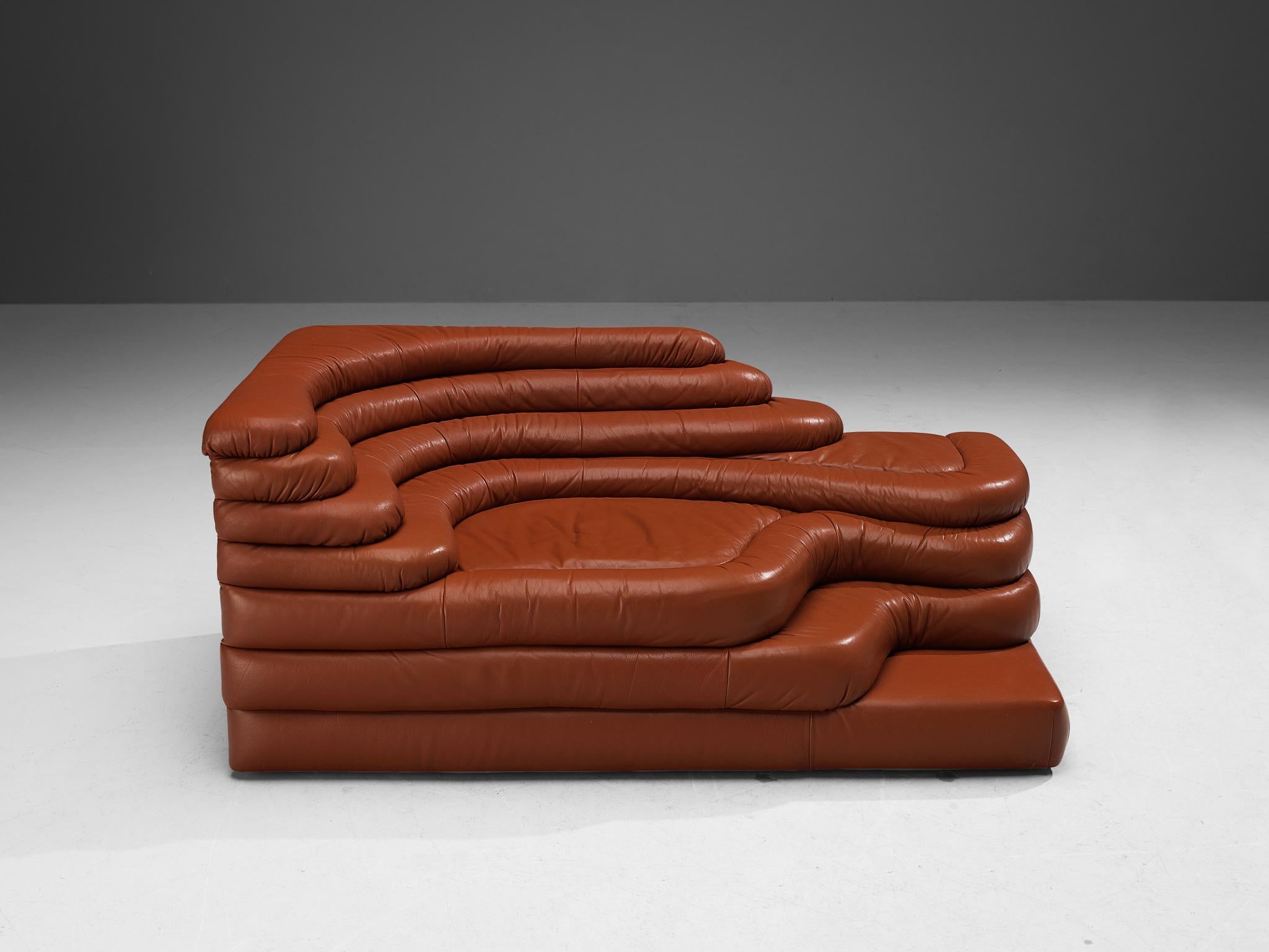 Ubald Klug for De Sede, DS-1025 'Terrazza' landscape sofa, leather, Switzerland, 1970s. 

Waterfall shaped sofa in red brown leather by the Swiss manufacturer De Sede. The design for this sofa was inspired by mountains and especially the Alps. This