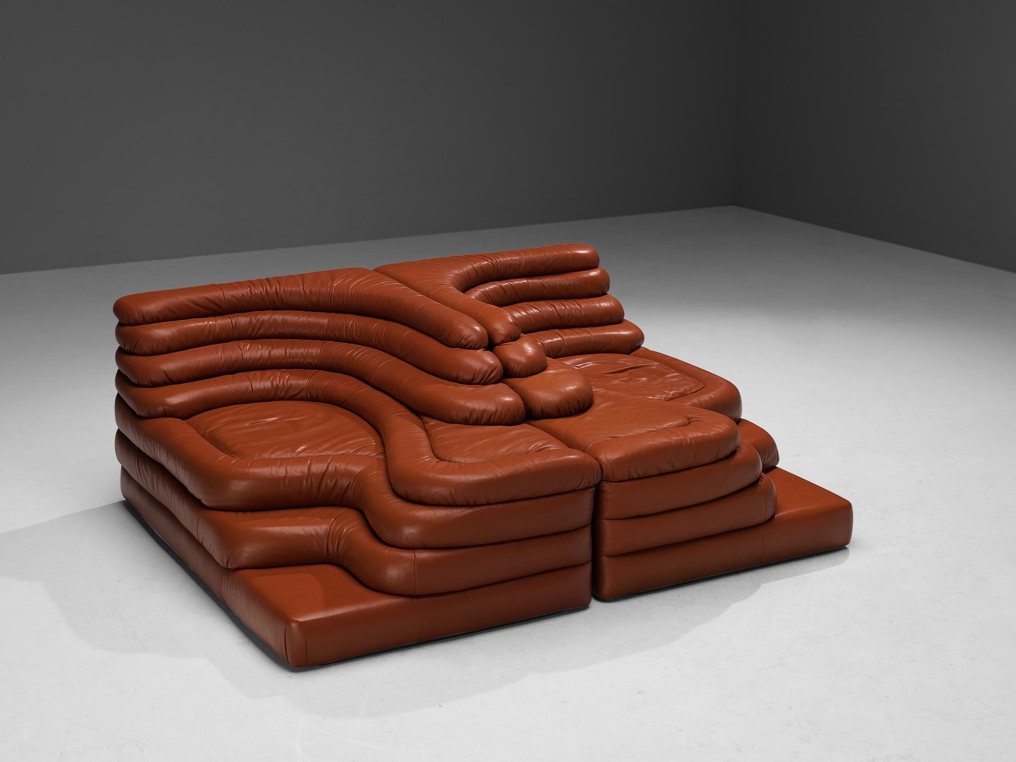 Ubald Klug for De Sede, DS-1025 'Terrazza' landscape sofas, in red leather, Switzerland, 1970s. 

Waterfall shaped sofa in red brown leather by the Swiss manufacturer De Sede. The design for this sofa was inspired by mountains and especially the