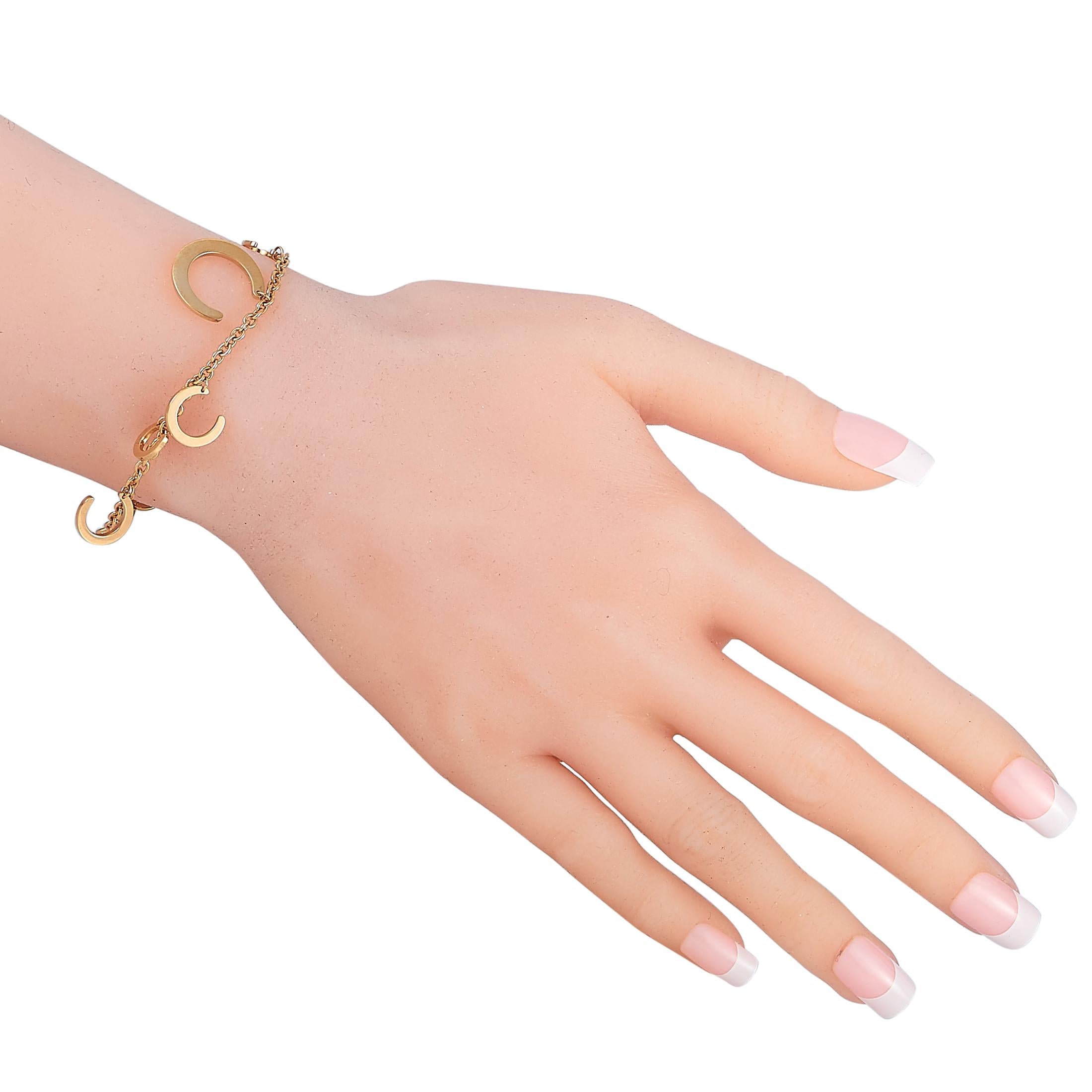 This Ubaldi bracelet with horseshoe charms is made of 18K rose gold and embellished with diamonds that amount to 0.40 carats. The bracelet weighs 12.2 grams and measures 7” in length.

Offered in brand new condition, this jewelry piece includes a