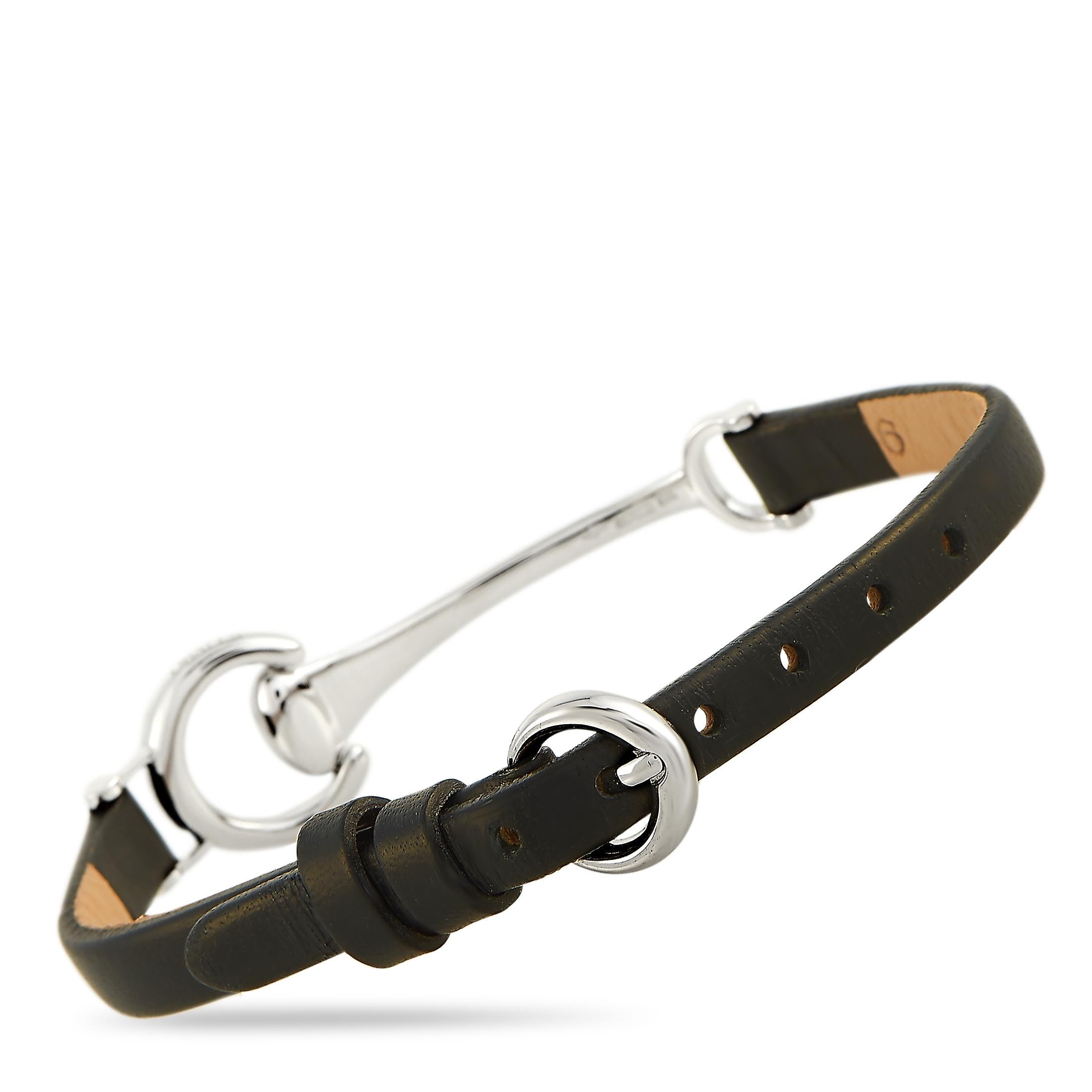 Ubaldi 18 Karat White Gold Black Leather Horsebit Bracelet In New Condition In Southampton, PA
