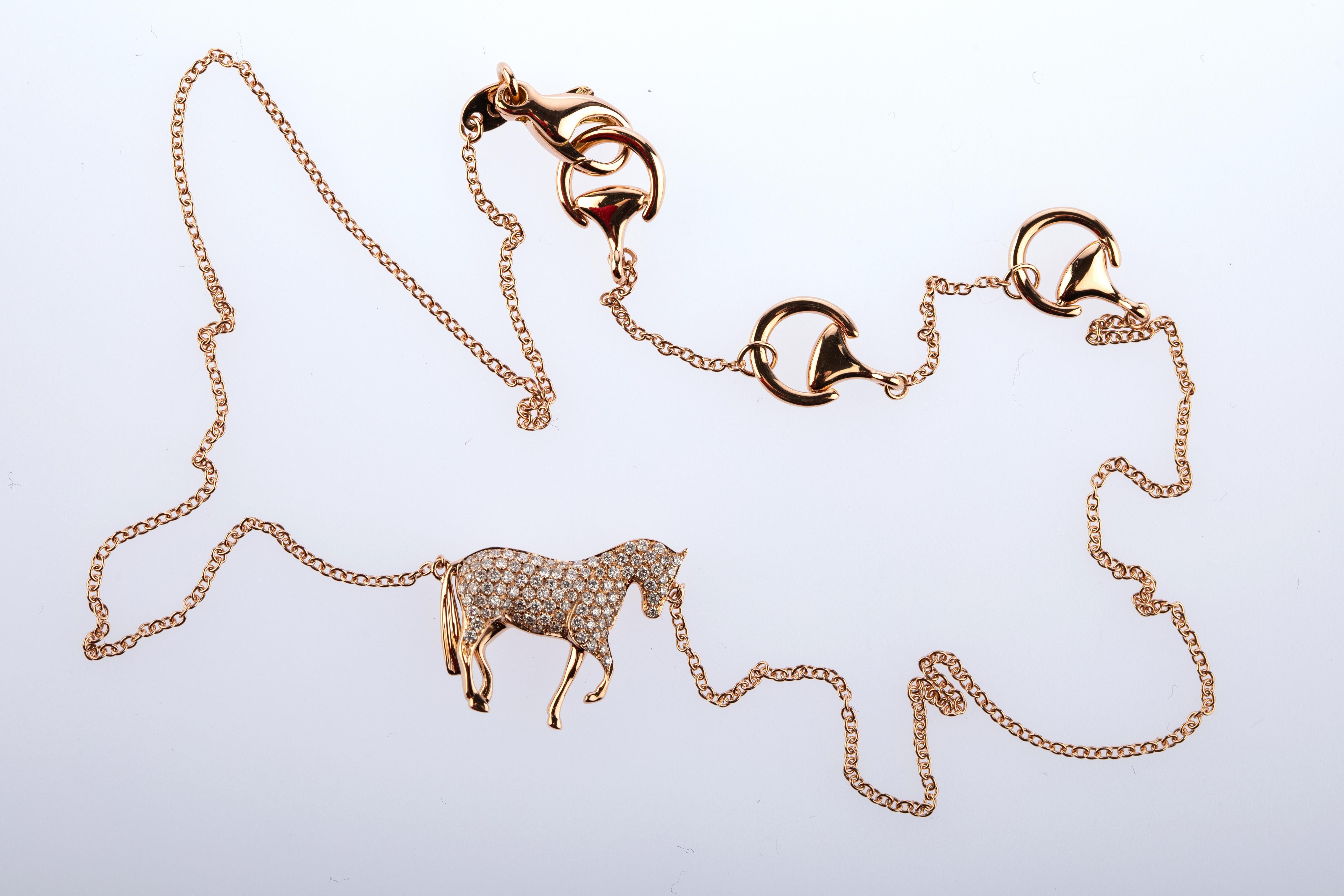 Women's or Men's Ubaldi Equestrian Jewelry Horse Diamonds Pave Pendant Rolo 18kt Rose Gold Chain For Sale