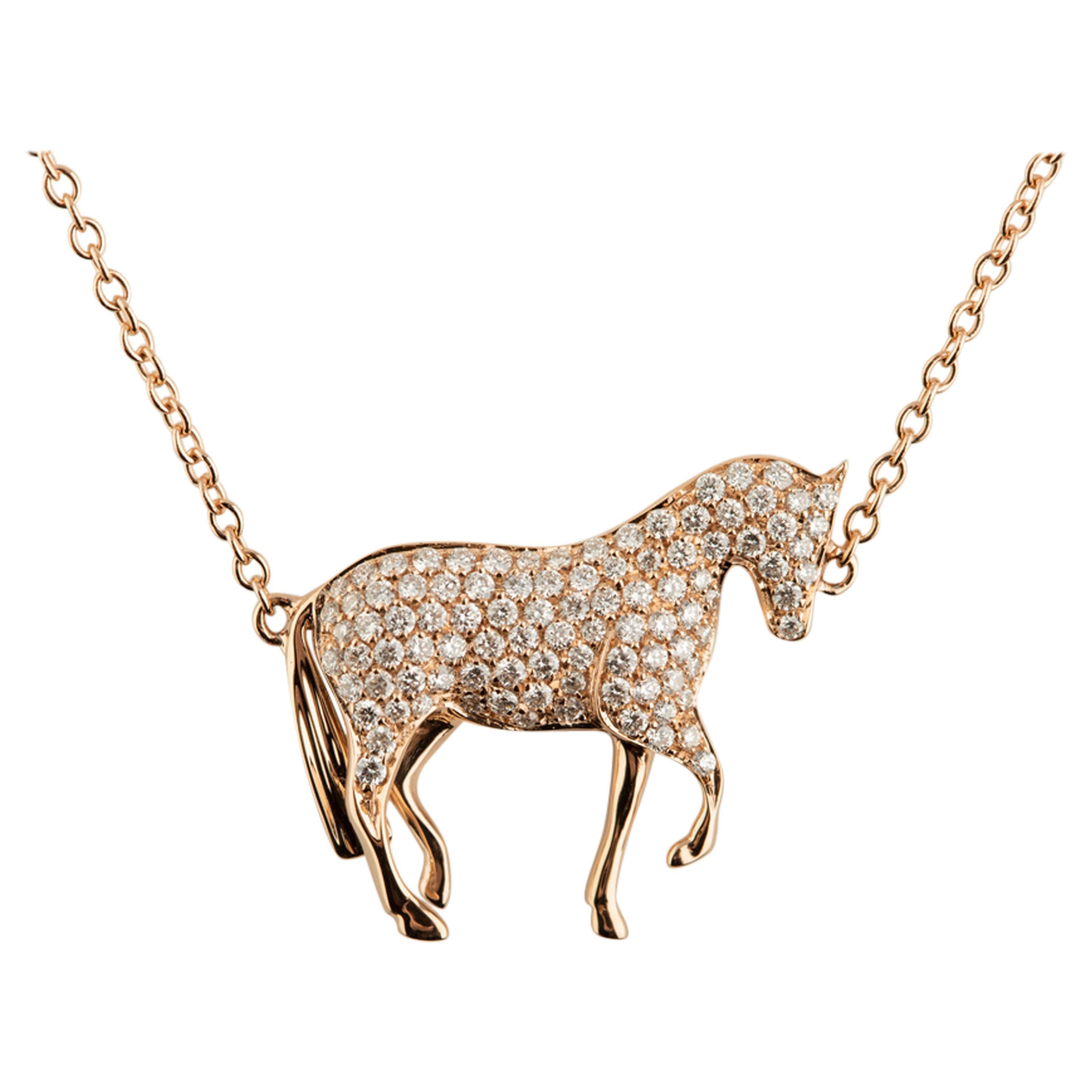 Ubaldi Equestrian Jewelry Horse Diamonds Pave Pendant Rolo 18kt Rose Gold Chain For Sale