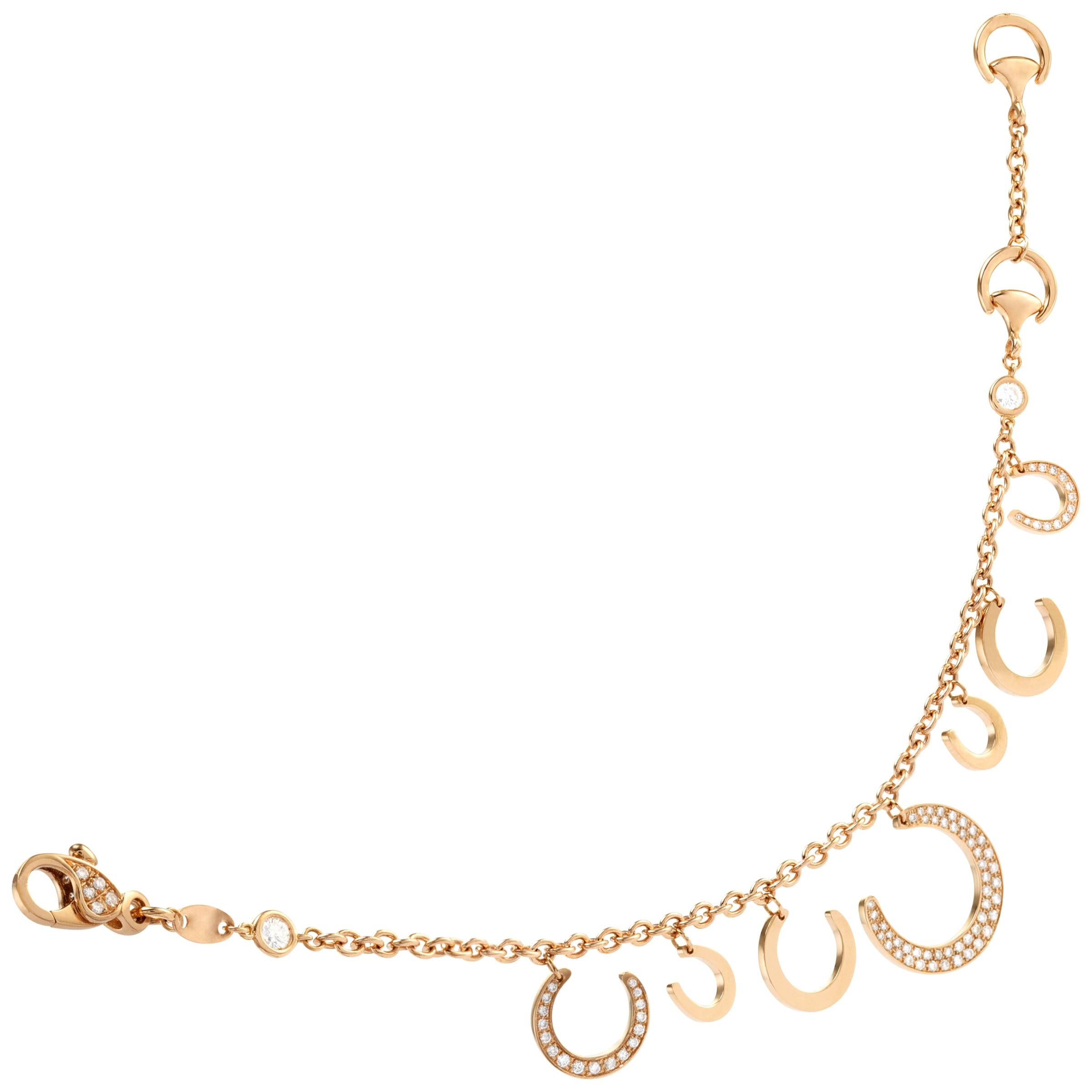 Ubaldi Gioielli 18 Karat Gold Bracelet Horseshoes Charm Pendants with Diamonds For Sale