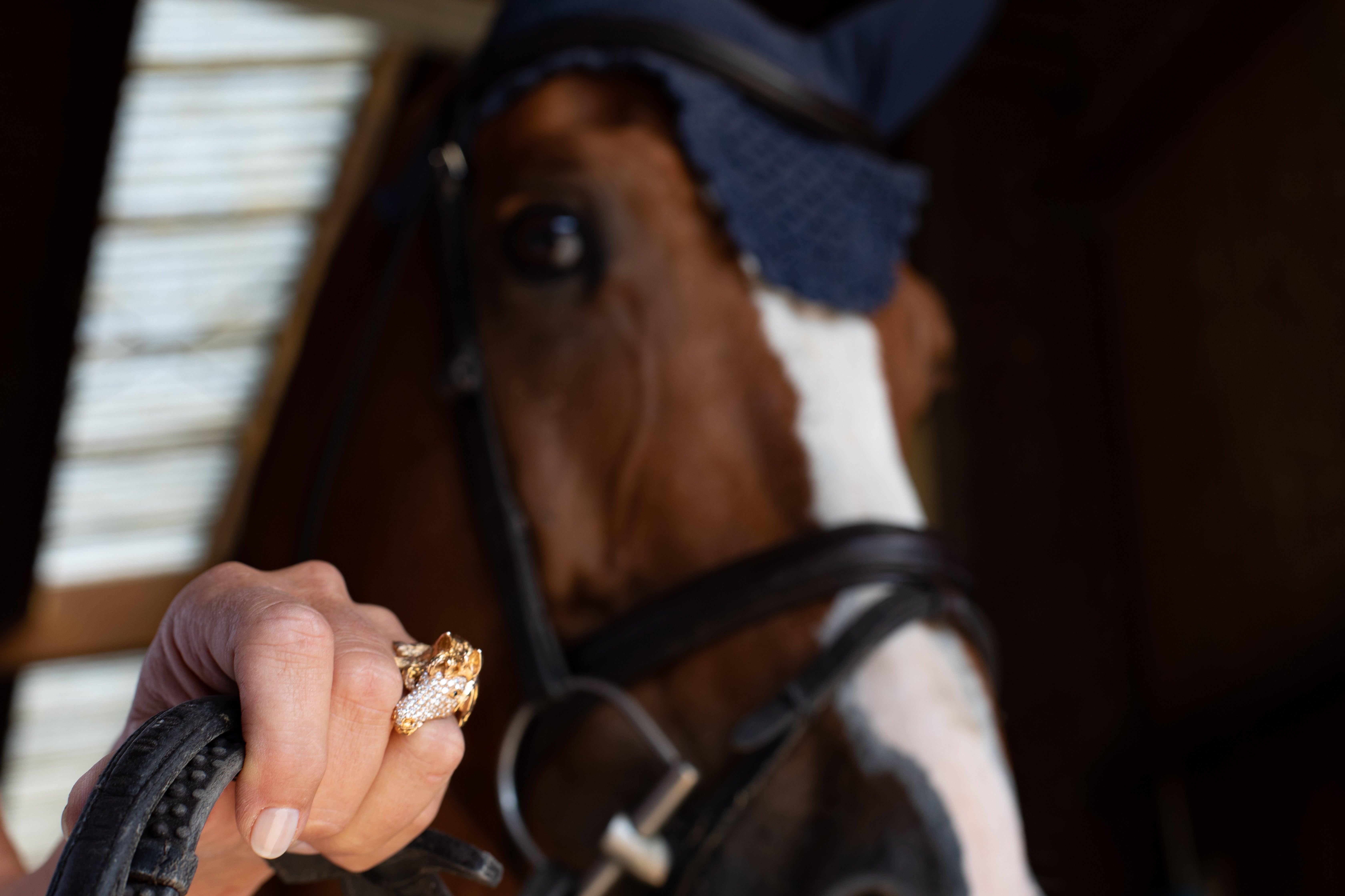 For Sale:  Ubaldi Gioielli 18 Karat Gold Equestrian Horse Diamonds Head Ring 6
