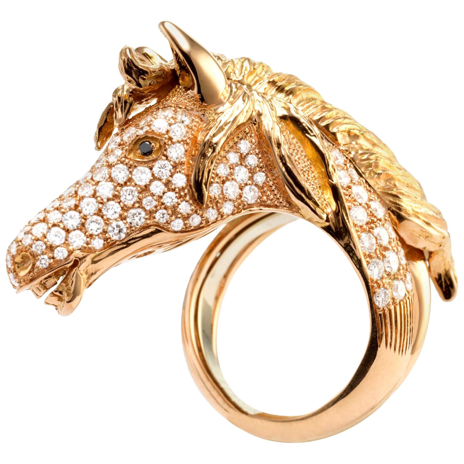 Ubaldi Gioielli 18 Karat Gold Equestrian Horse Diamonds Head Ring For Sale