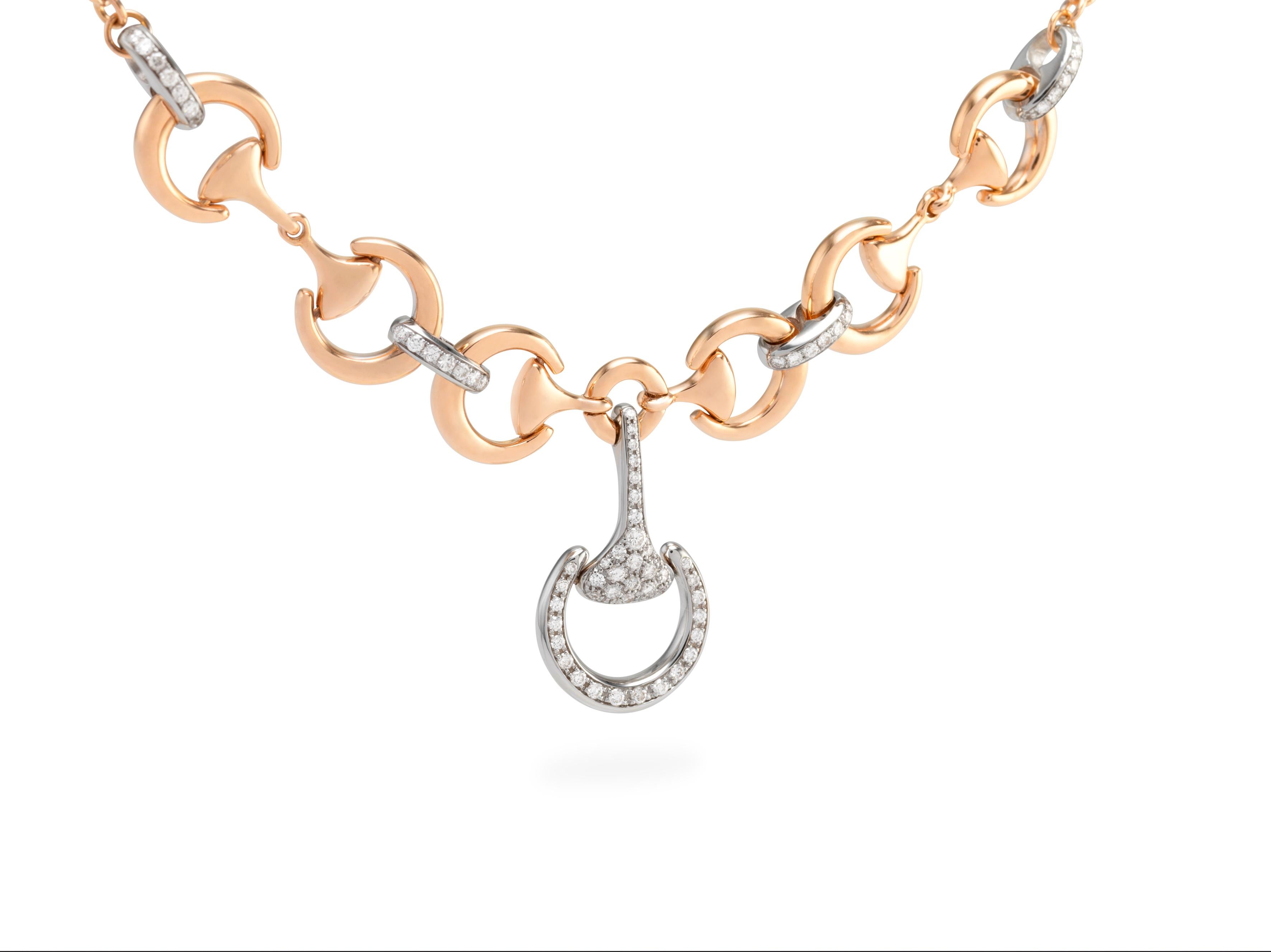 Brilliant Cut Ubaldi Gioielli 18k Gold Equestrian Necklace Horsebit Fusion Horseshoe Diamonds For Sale