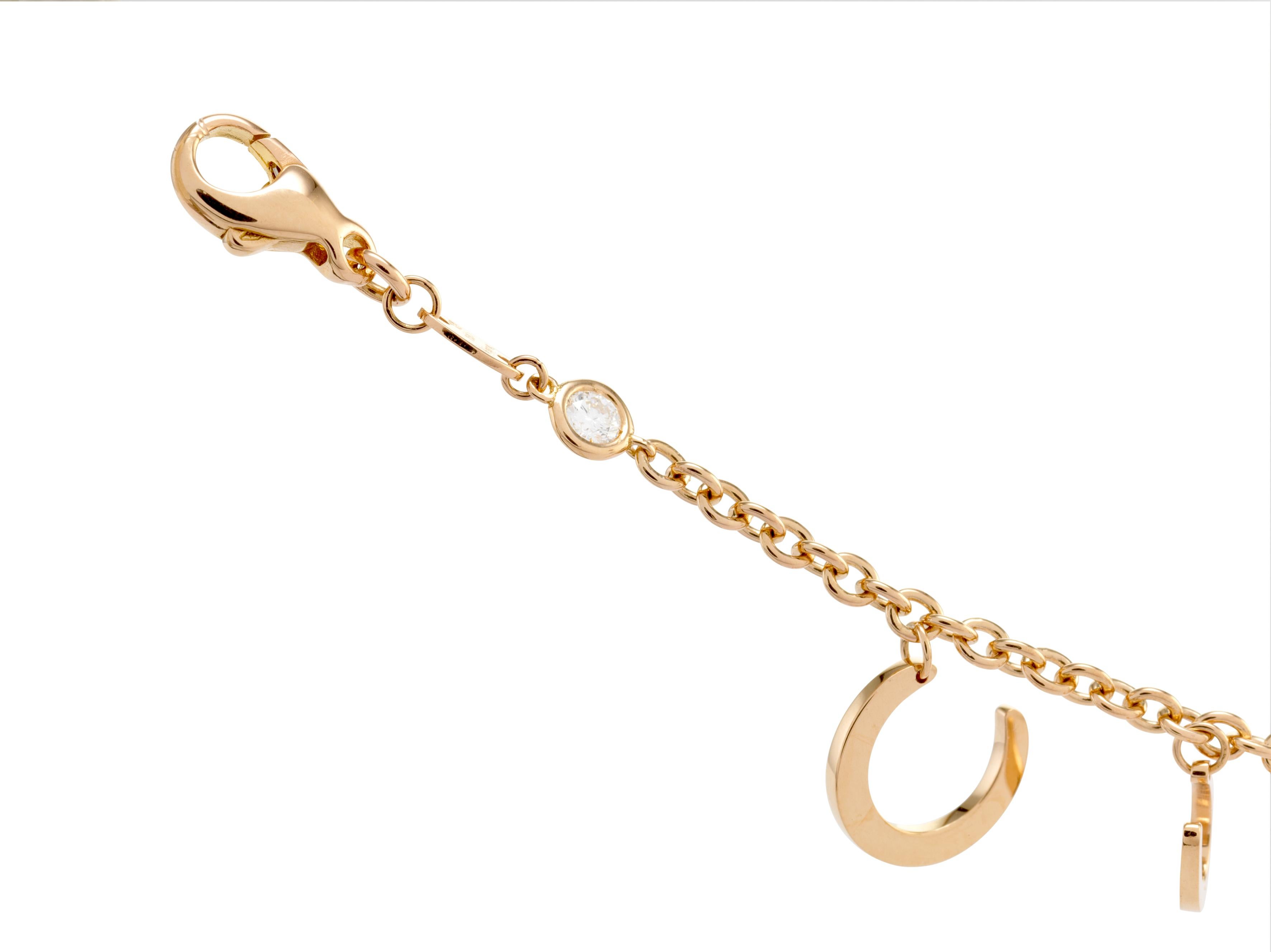 Brilliant Cut Ubaldi Gioielli 18 Karat Gold Bracelet Horseshoes Charm Pendants with 2 Diamonds For Sale