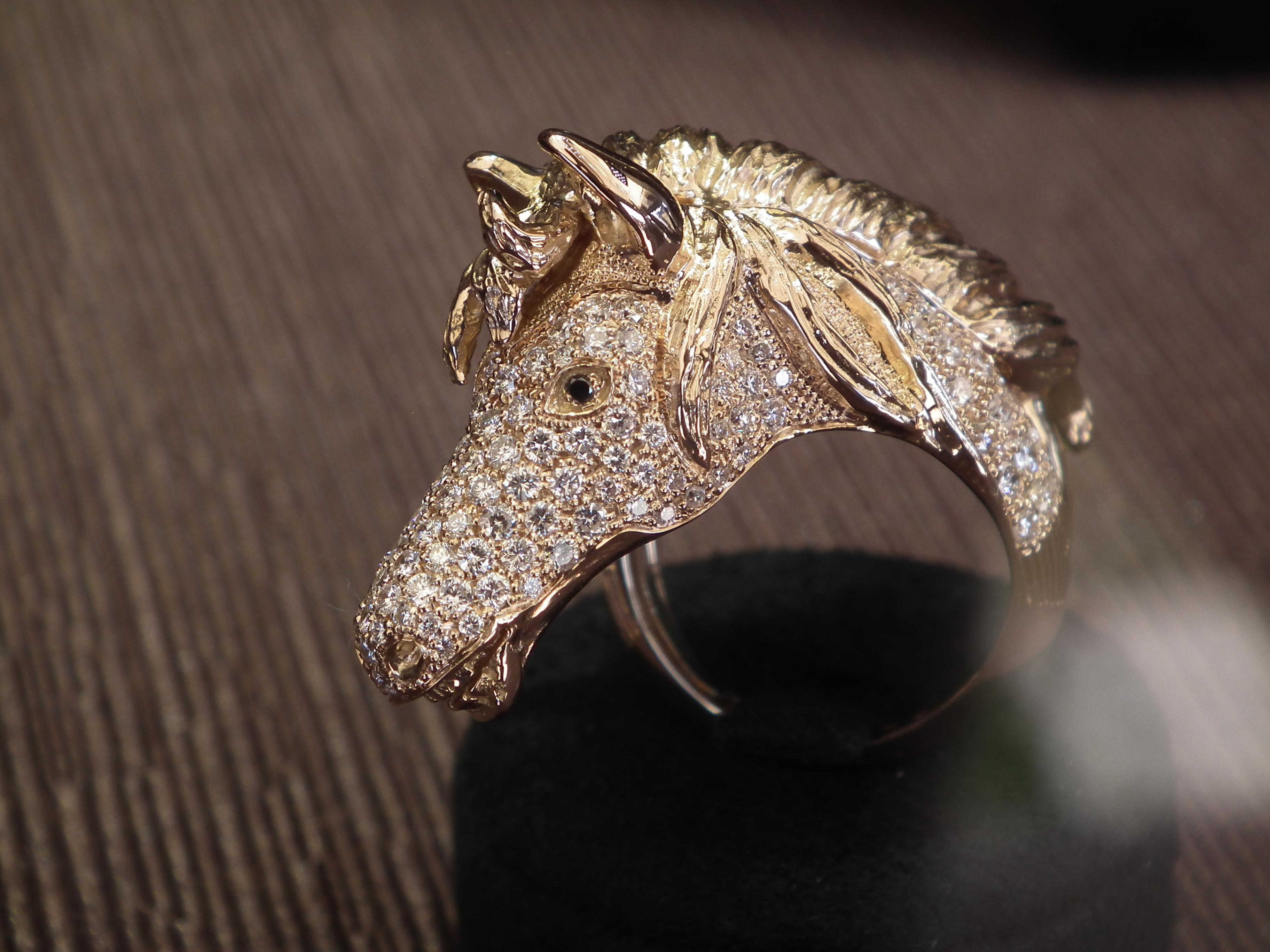 Round Cut Ubaldi, Handmade Horse Full Diamonds Pave Ring, Limited Edition, Equestrian Ed