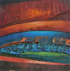"Tesserae 8". Úbeda. Mixed media on panel Abstract blue orange brown Landscape