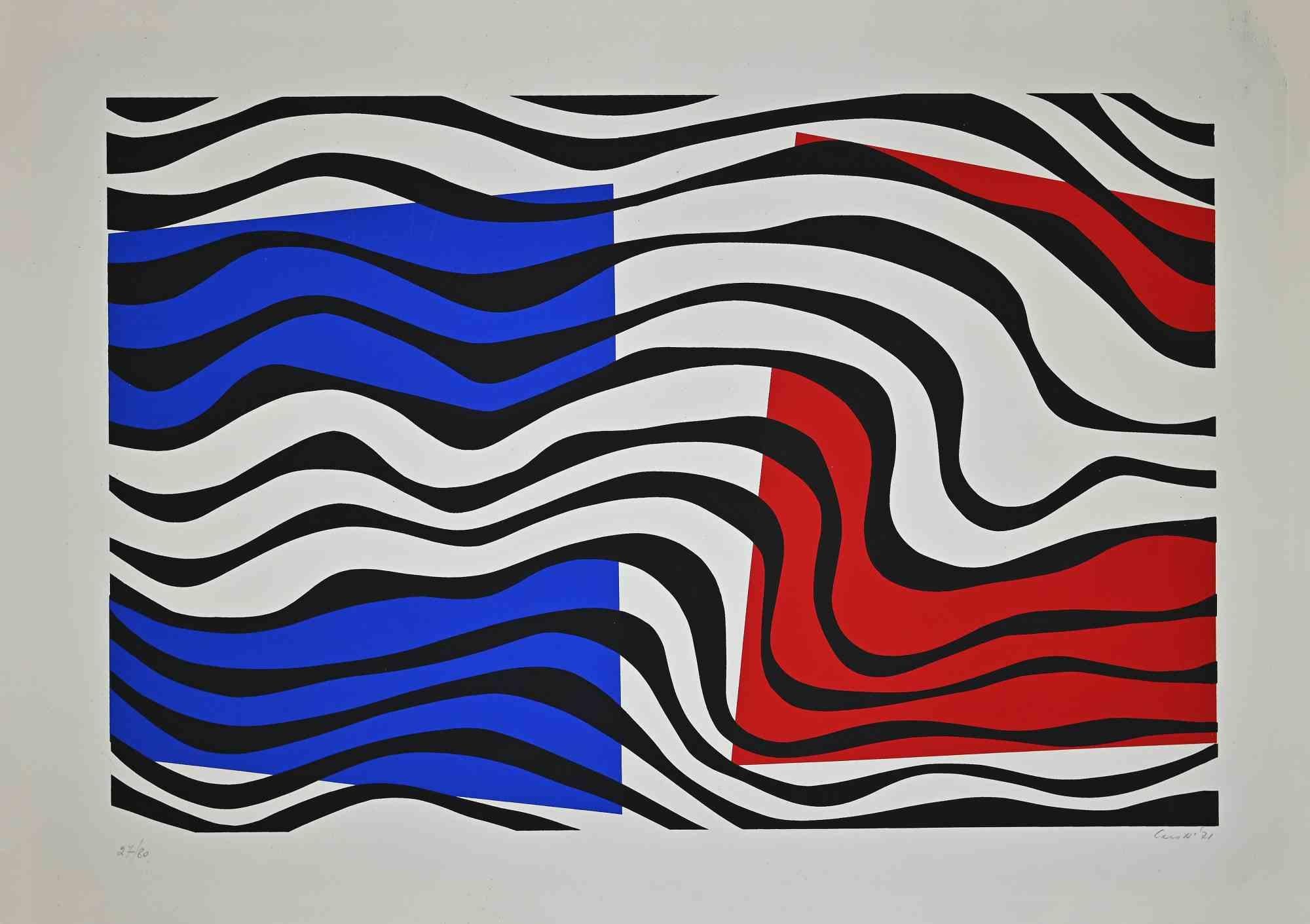 Blue and Red Composition -Screen Print by Uberto Maria Casotti - 1971