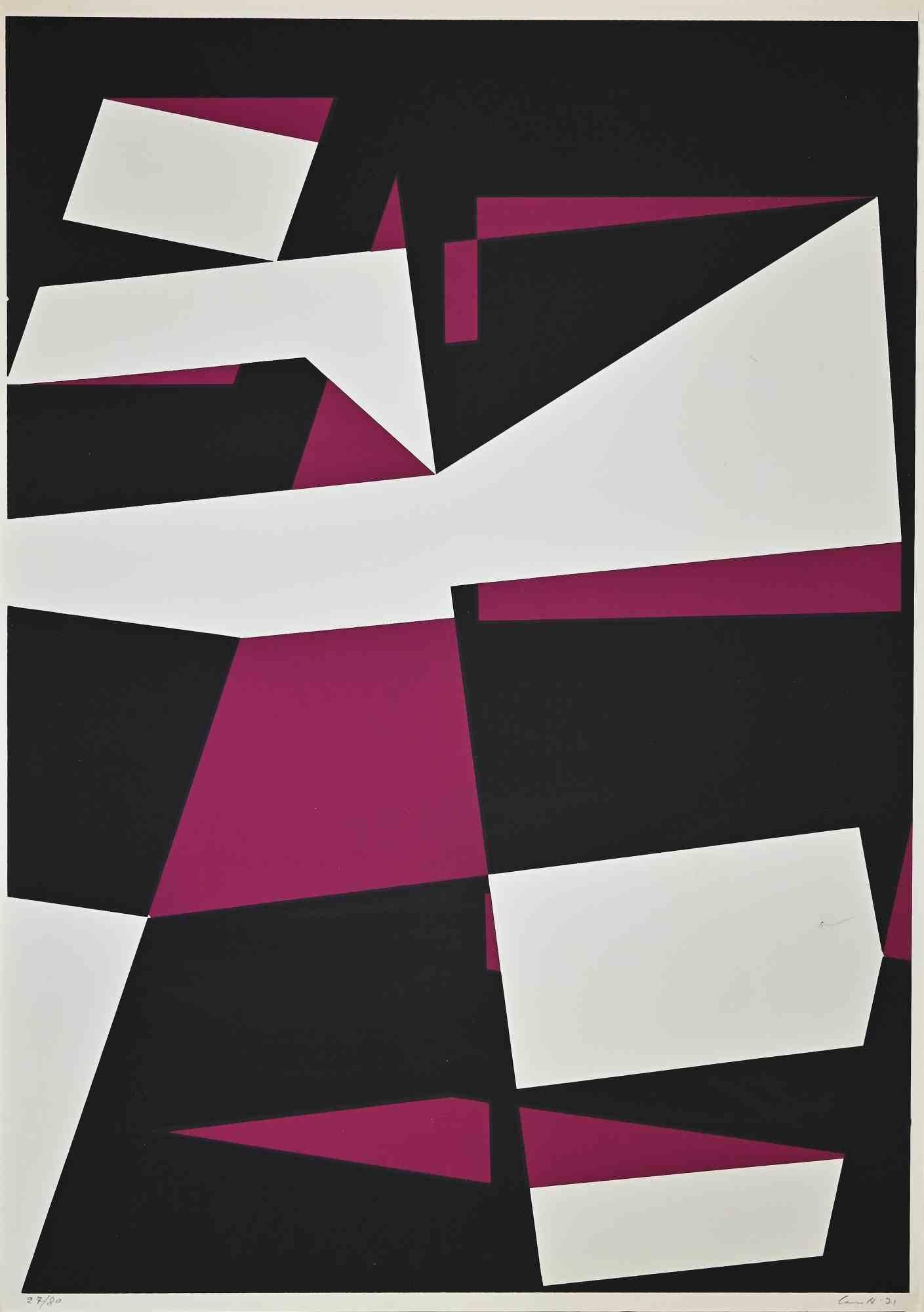  Violet Composition is a screen print realized by Umberto Maria Casotti in 1971.

Hand-signed and dated on the lower right.  Numbered on the lower left. Edition of 27/80 prints

The state of preservation of the artwork is good except for some light