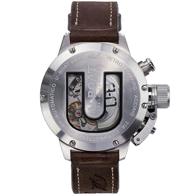 CLASSICO 45 TUNGSTENO MOVELOCK
MOVEMENT: 
automatic mechanical chronograph modified and personalized at U-BOAT specifications for 
date display and stem position at 9 o’clock. Laser cut rotor as by U-BOAT specifications.
Frequency 28,800 vibrations
