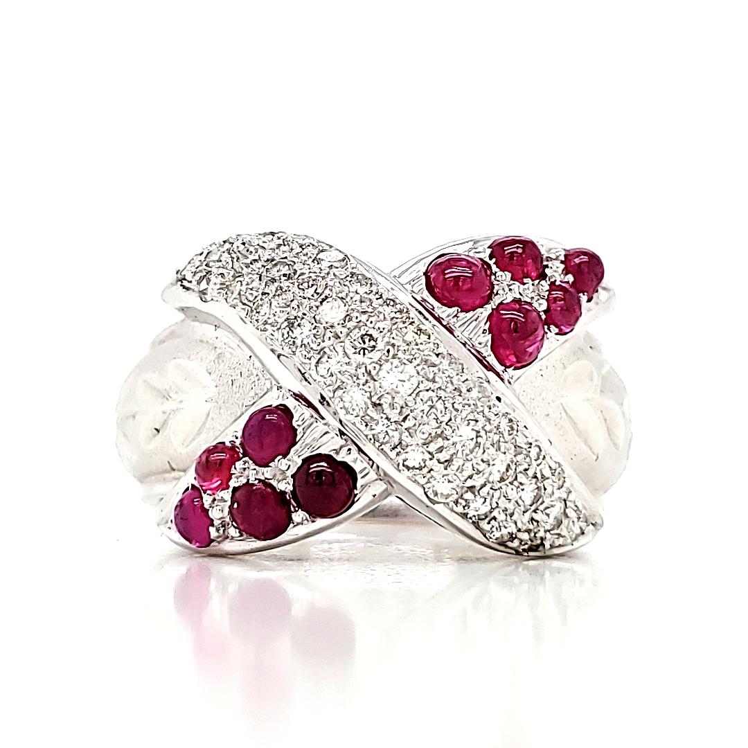 Contemporary uby Cabochons Cts 0.88 Diamond Engagement Ring Set in 18k White Gold For Sale