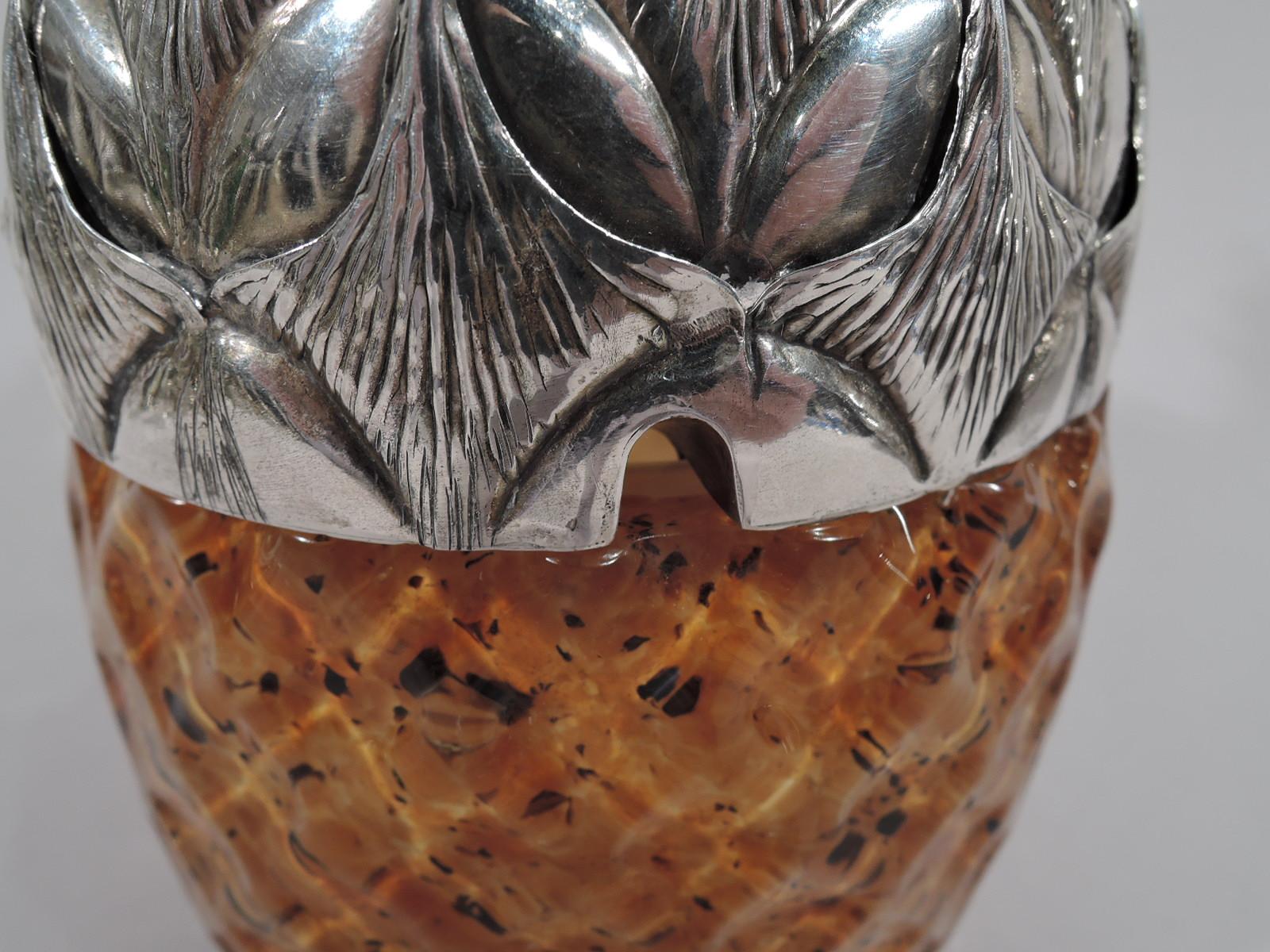 20th Century Uccellati Sterling Silver and Murano Glass Pineapple Jam Jar