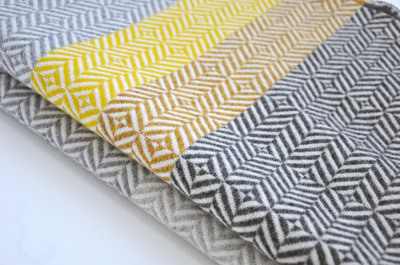 British 'Uccle' Block Geometric Woven Merino Wool Throw, Piccalilli Yellow/Greys For Sale