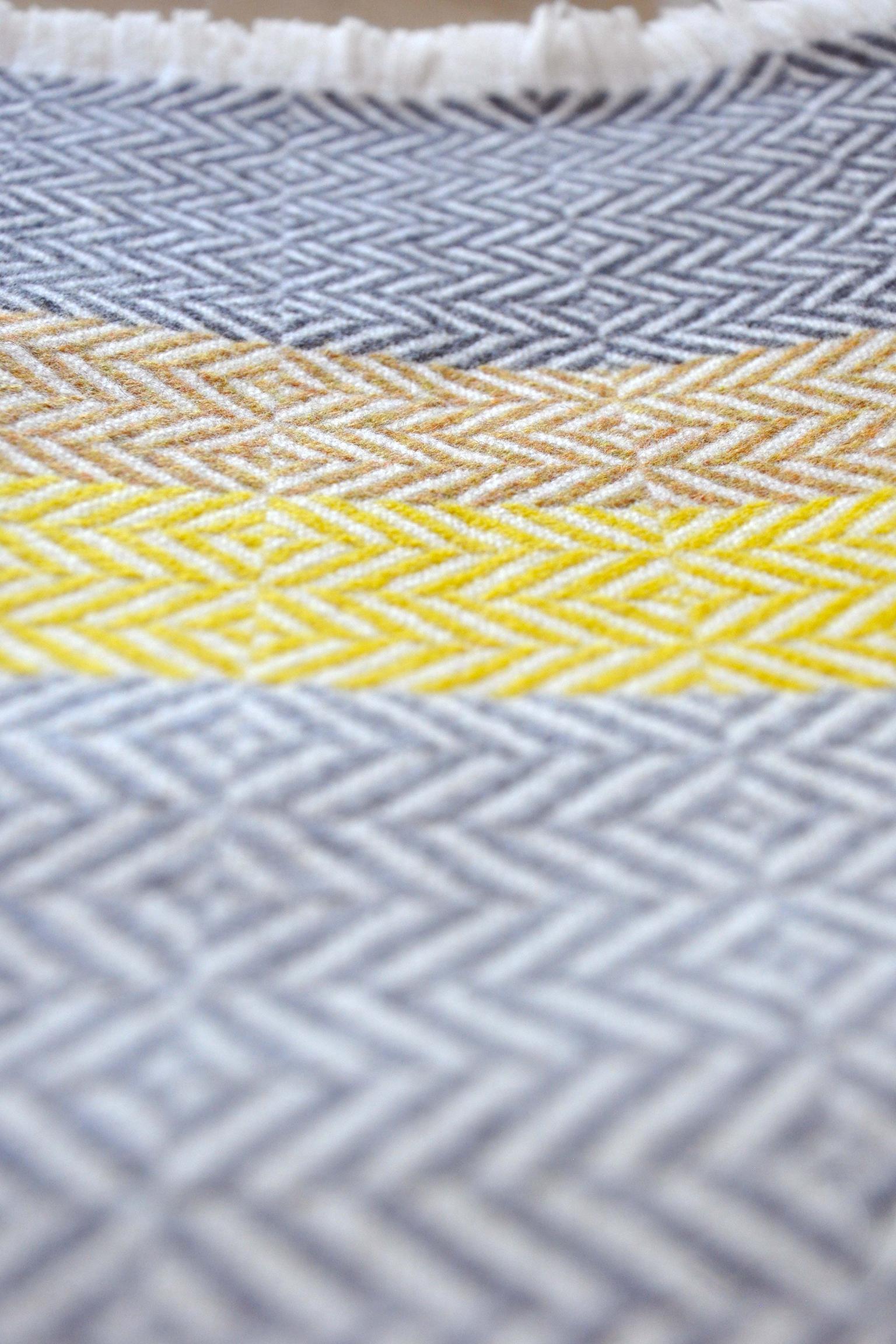 'Uccle' Block Geometric Woven Merino Wool Throw, Piccalilli Yellow/Greys In New Condition For Sale In Chelmsford, GB