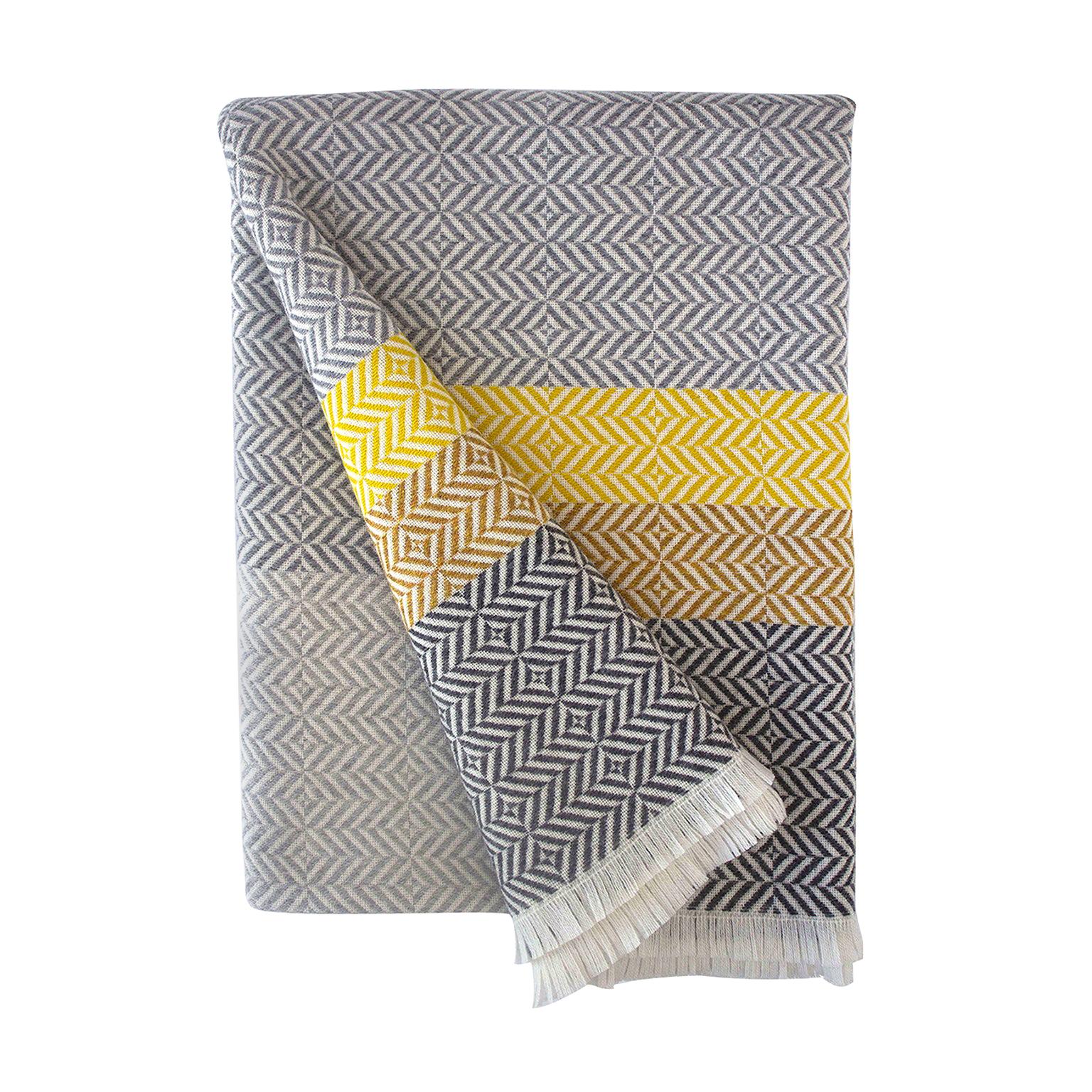 'Uccle' Block Geometric Woven Merino Wool Throw, Piccalilli Yellow/Greys For Sale