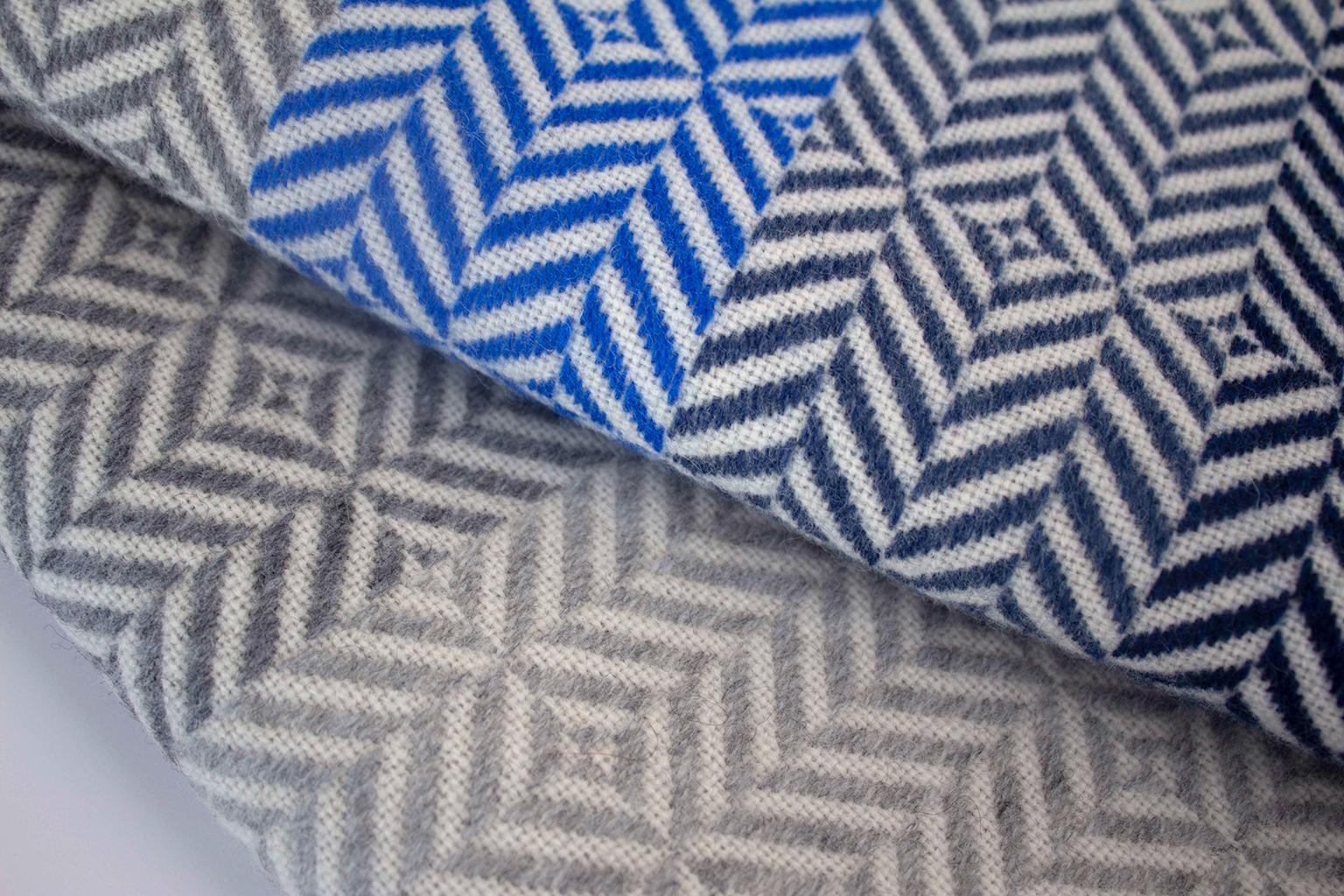 Mid-Century Modern 'Uccle' Woven Block Geometric Merino Wool Throw, Indigo/Colbalt Blue/Greys