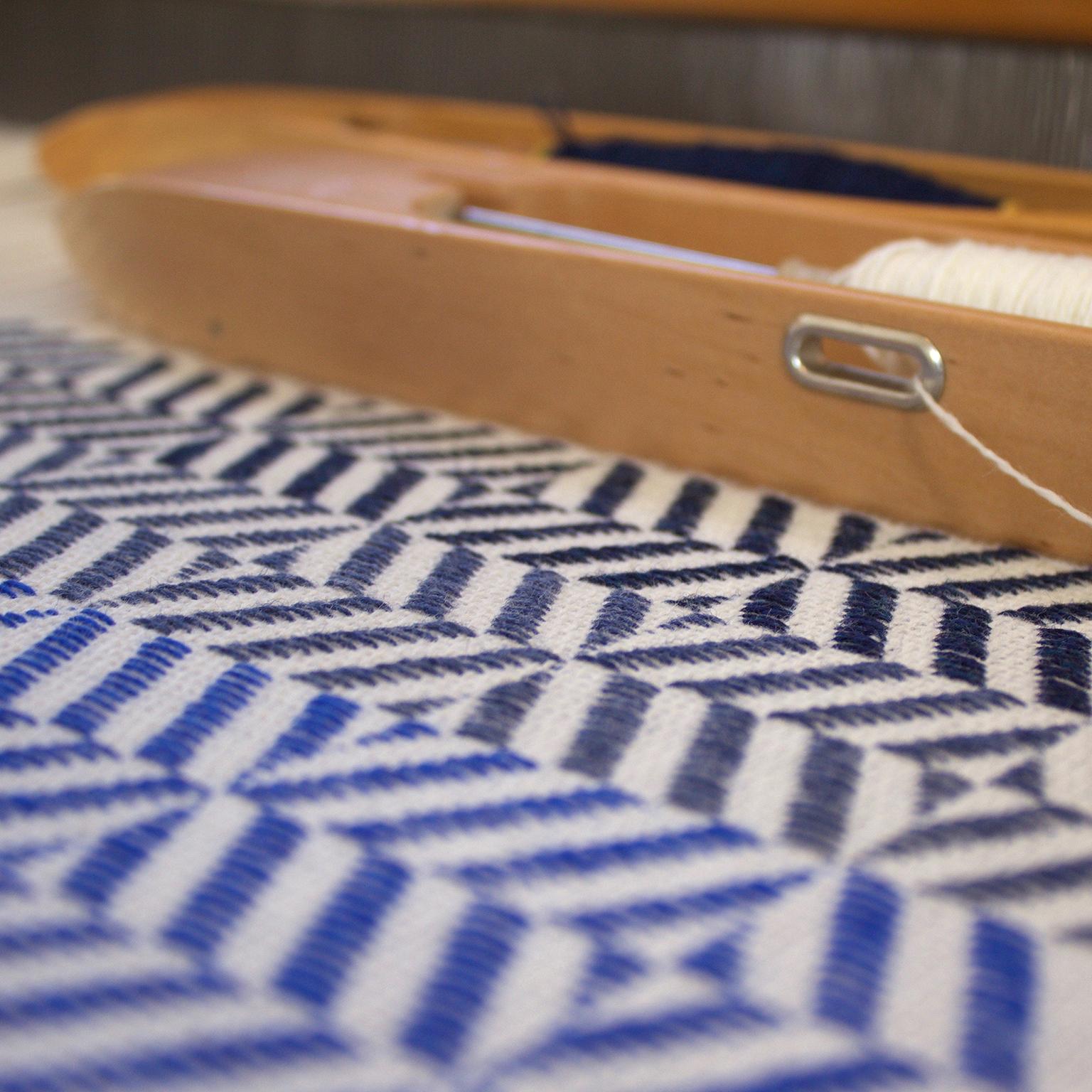 British 'Uccle' Woven Block Geometric Merino Wool Throw, Indigo/Colbalt Blue/Greys