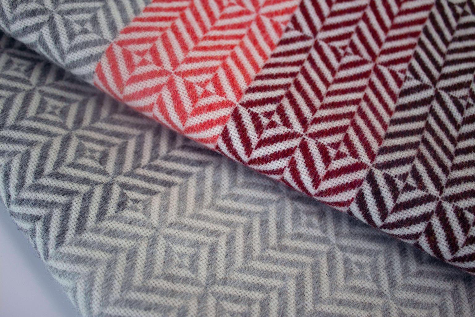 Mid-Century Modern 'Uccle' Woven Block Geometric Merino Wool Throw, Papaya /Pink/Burgundy/Greys