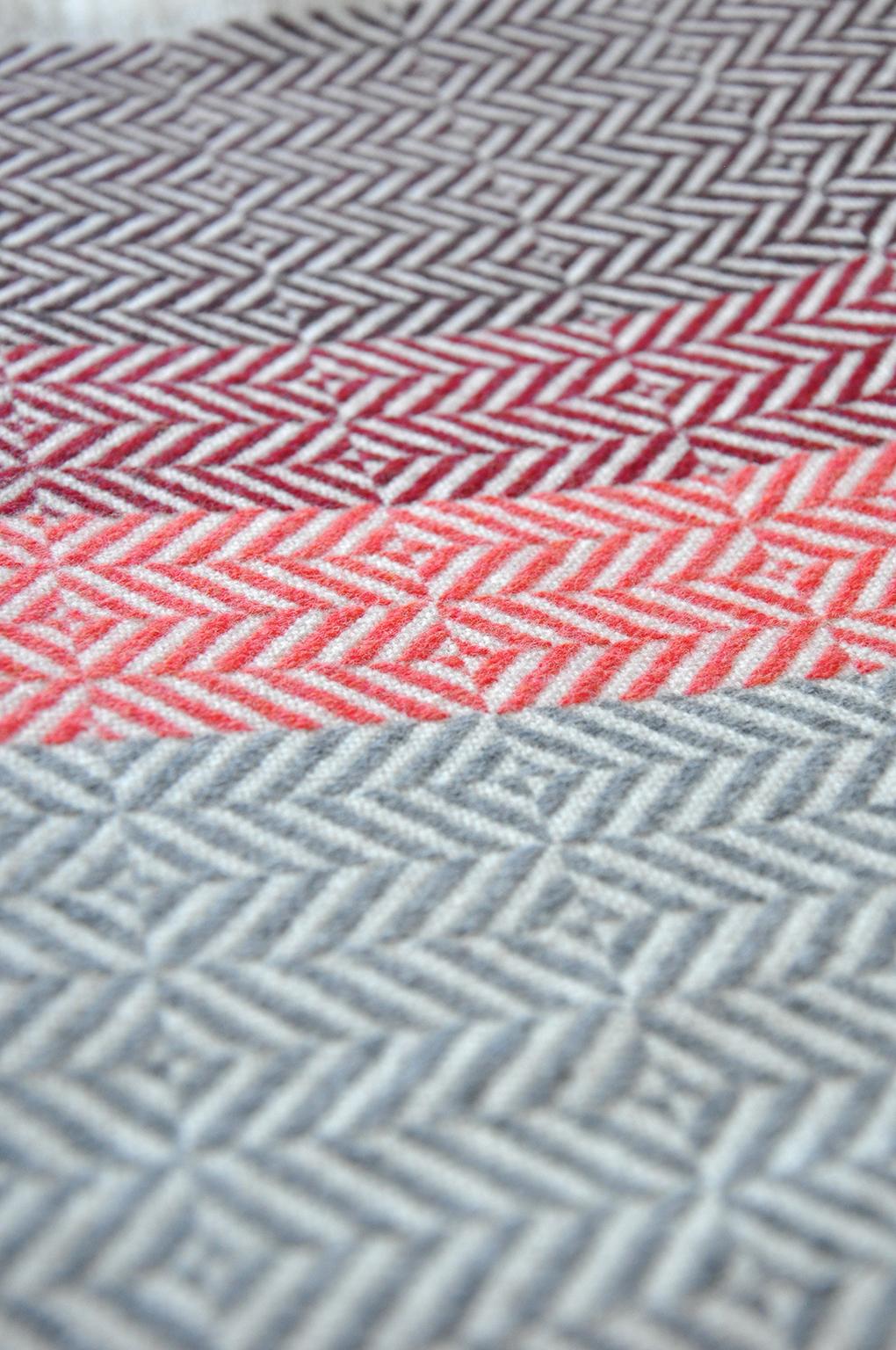 British 'Uccle' Woven Block Geometric Merino Wool Throw, Papaya /Pink/Burgundy/Greys