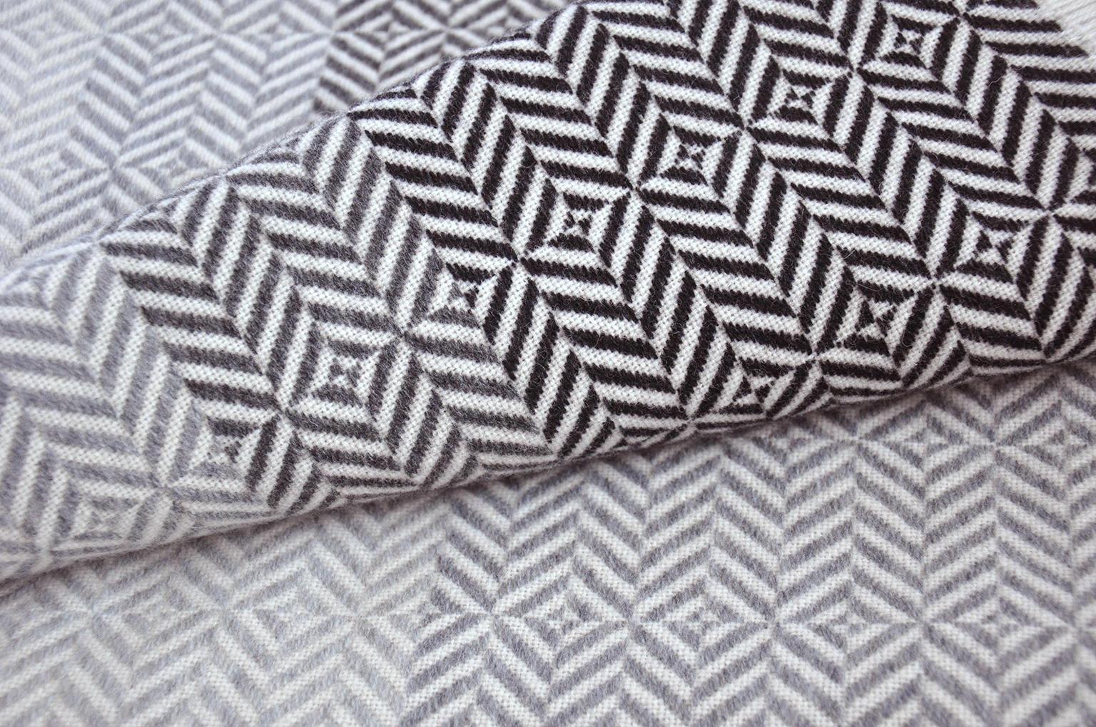 Mid-Century Modern 'Uccle' Woven Block Geometric Merino Wool Throw, Pearl Grey