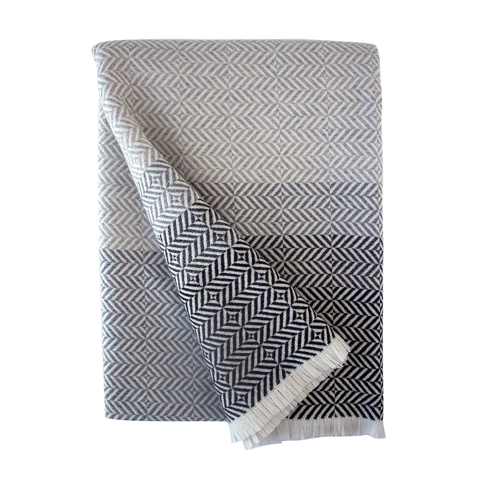 'Uccle' Woven Block Geometric Merino Wool Throw, Pearl Grey