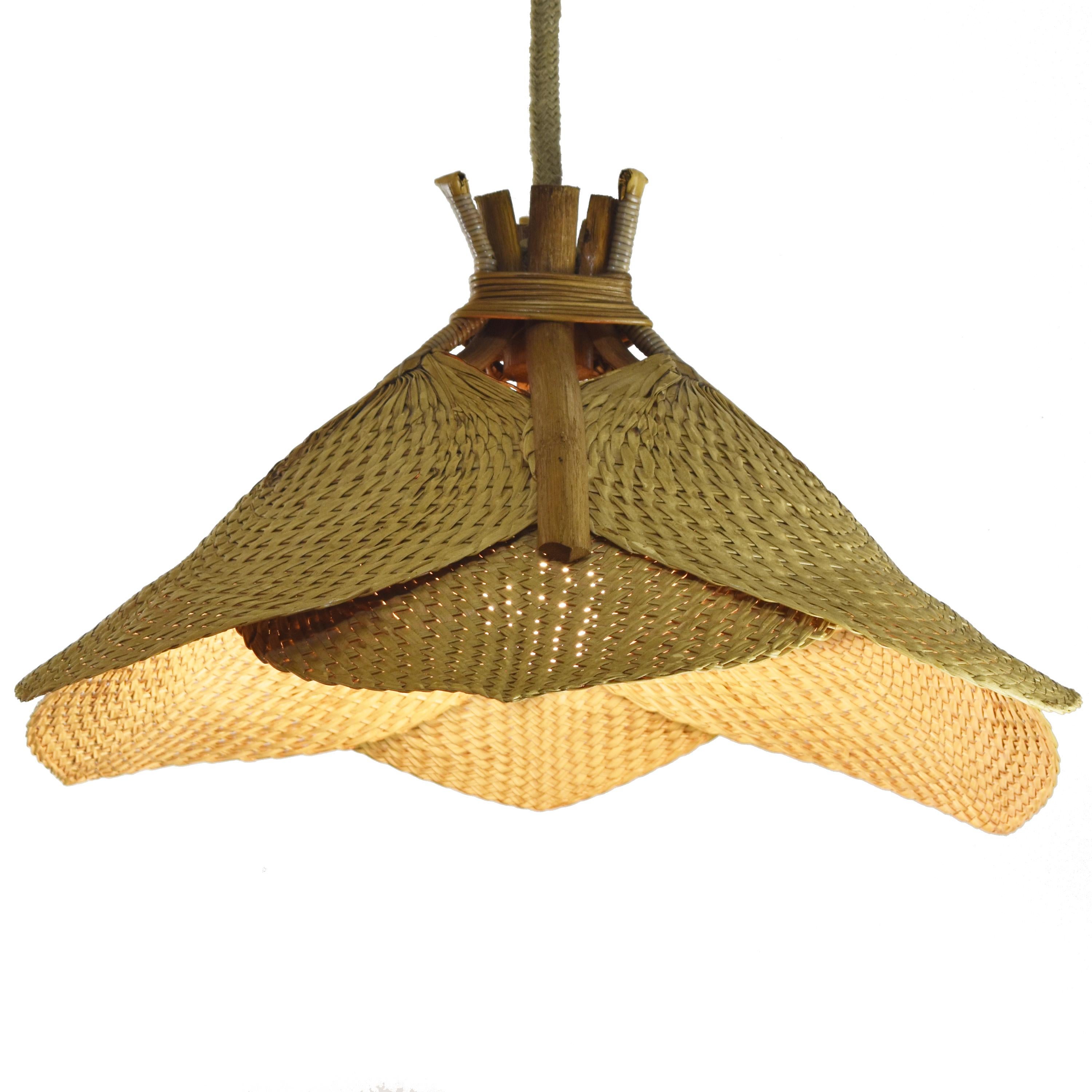 Mid-Century Modern Uchiwa Mid-Century Pendant Chandelier in Style of Ingo Maurer, 1960s Wicker Art