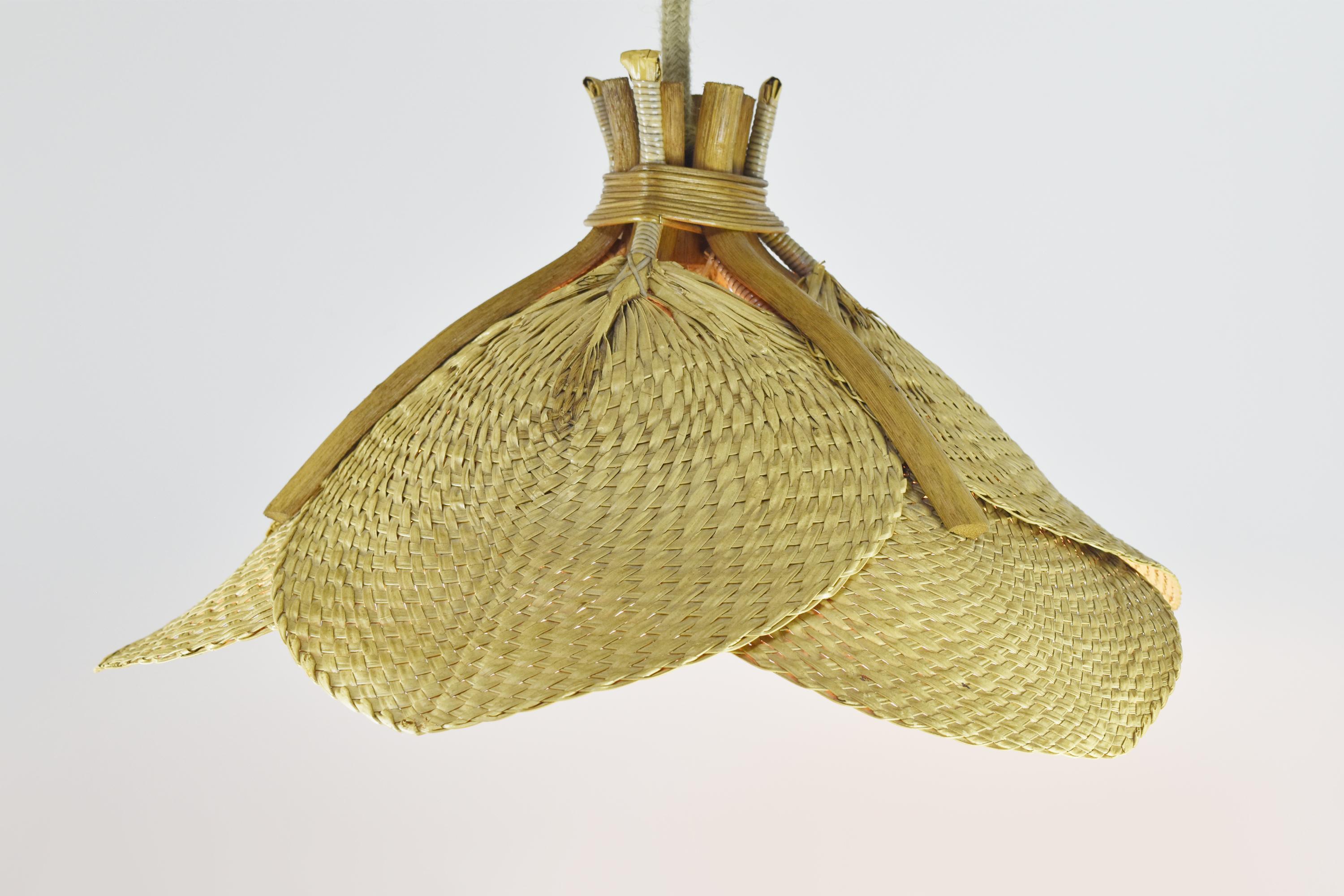 Mid-20th Century Uchiwa Mid-Century Pendant Chandelier in Style of Ingo Maurer, 1960s Wicker Art